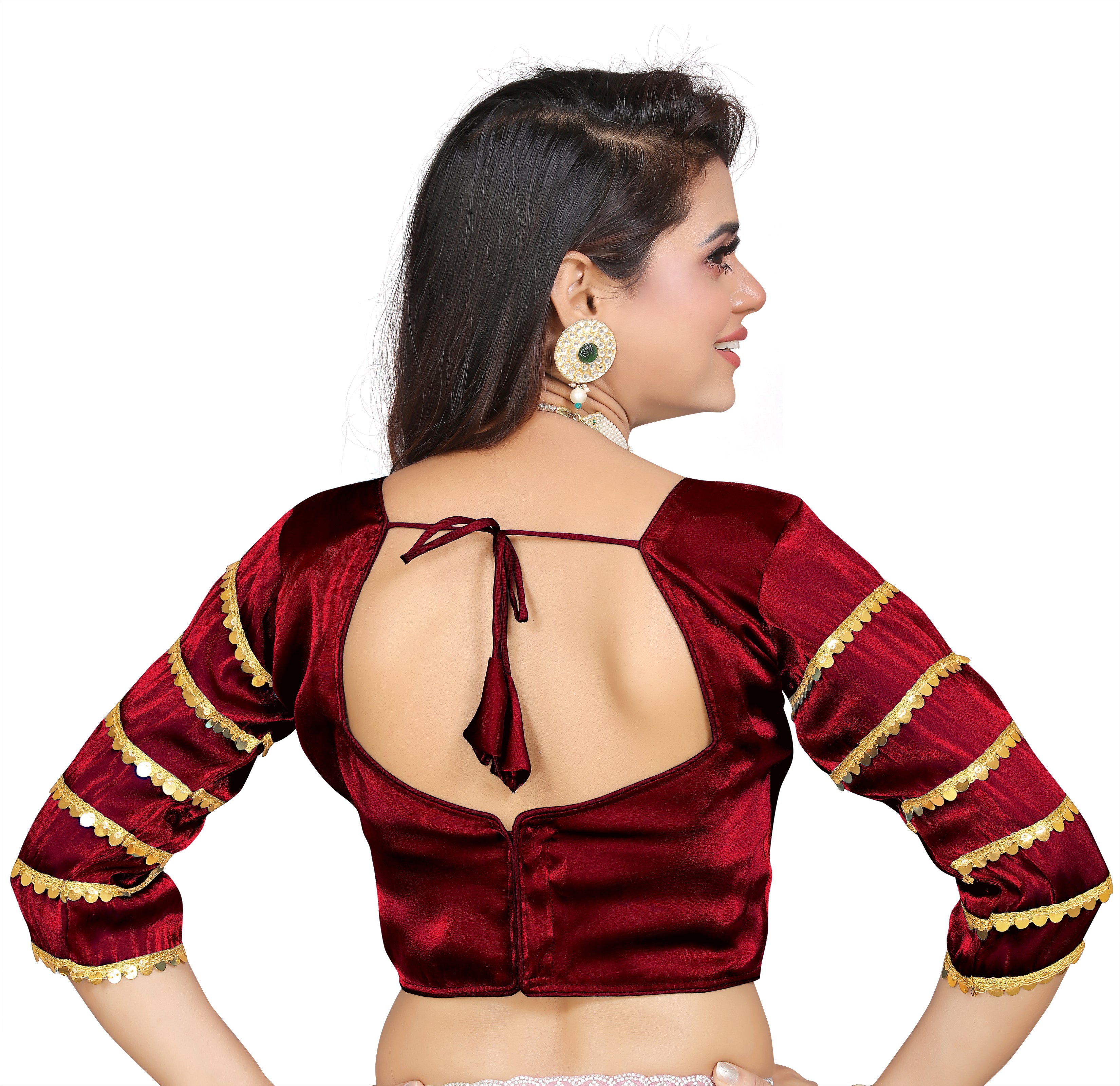 •  Trendy Zimmy Choo Fabric Blouse for Women with Sequence Lace Sleeves and Designer Finish, Perfect for Party Wear, Wedding Wear and Festive Styling