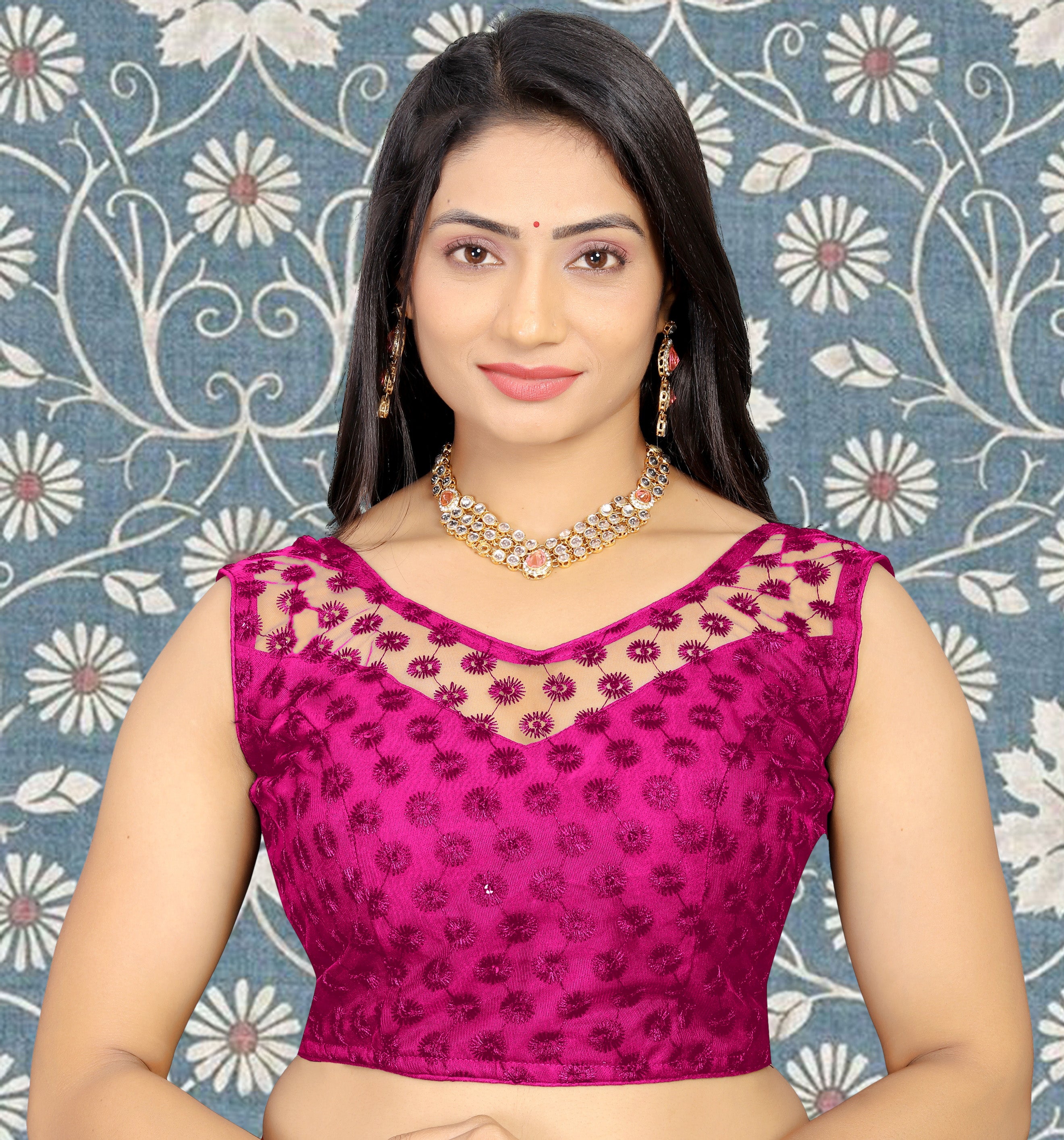 Full Stitched Sleeveless Net Blouse with Embroidery and Stylist Work Ready Made Net Blouse for Women
