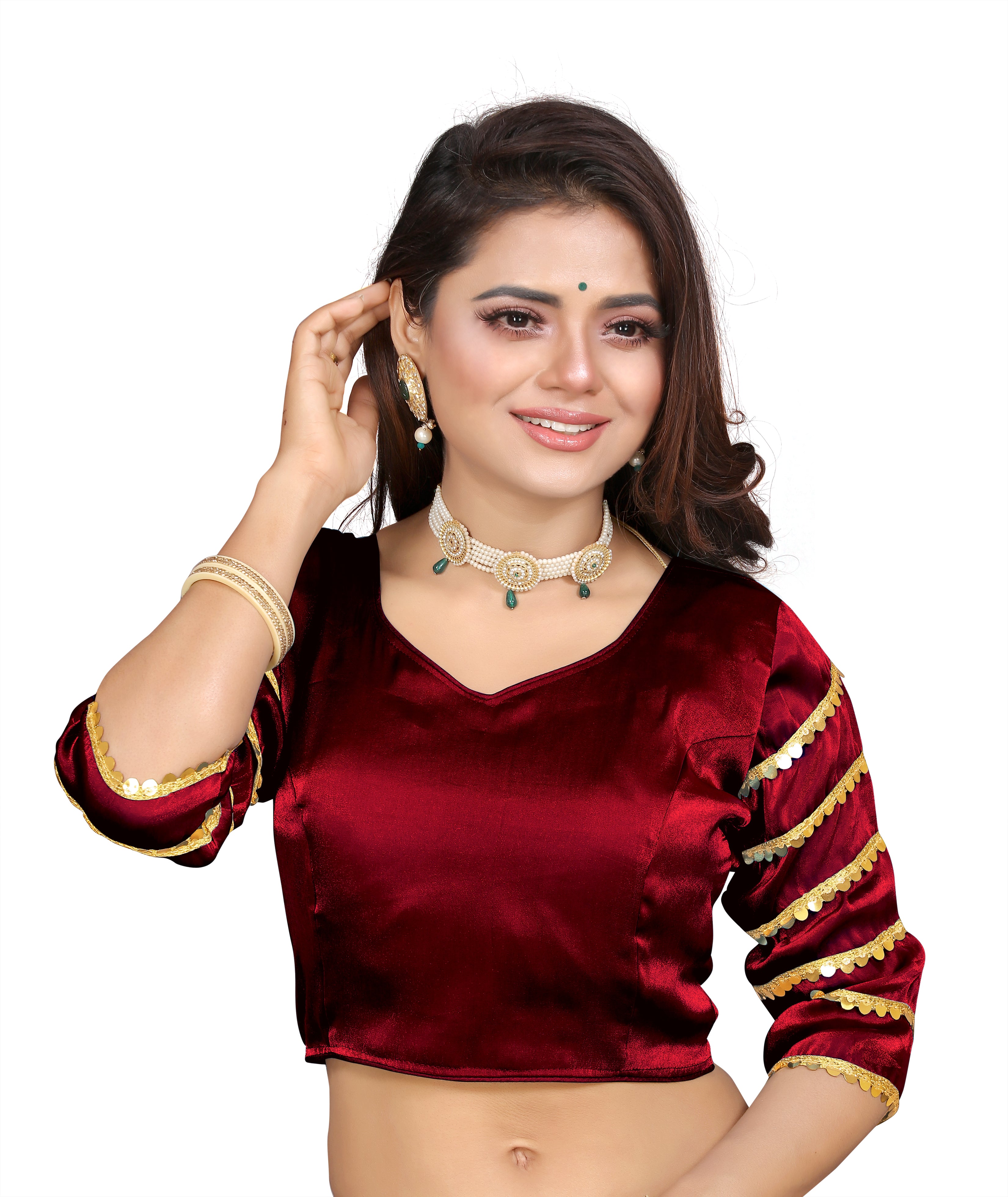 •  Trendy Zimmy Choo Fabric Blouse for Women with Sequence Lace Sleeves and Designer Finish, Perfect for Party Wear, Wedding Wear and Festive Styling