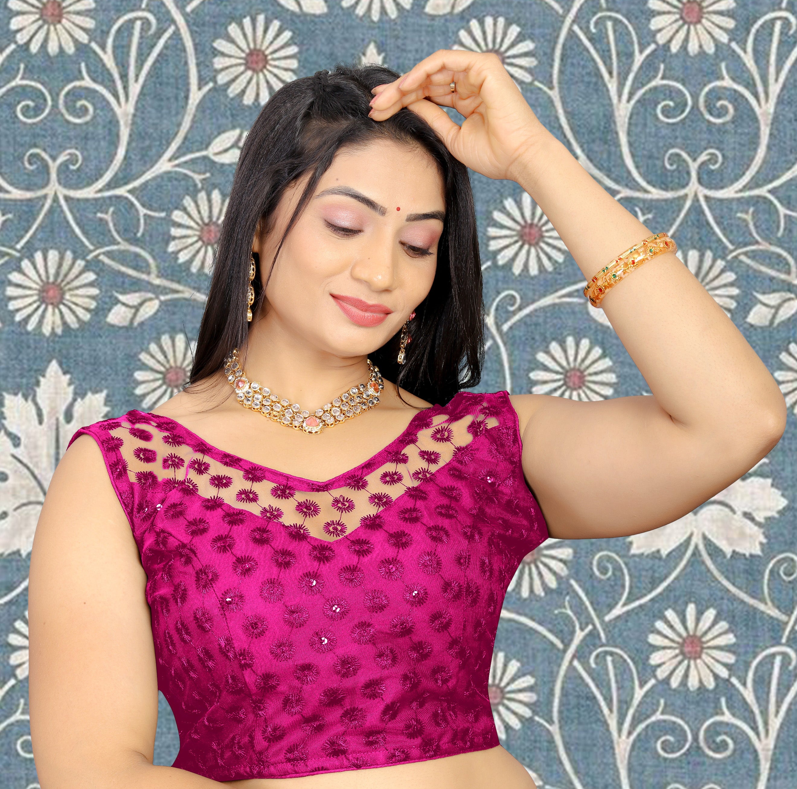 Full Stitched Sleeveless Net Blouse with Embroidery and Stylist Work Ready Made Net Blouse for Women