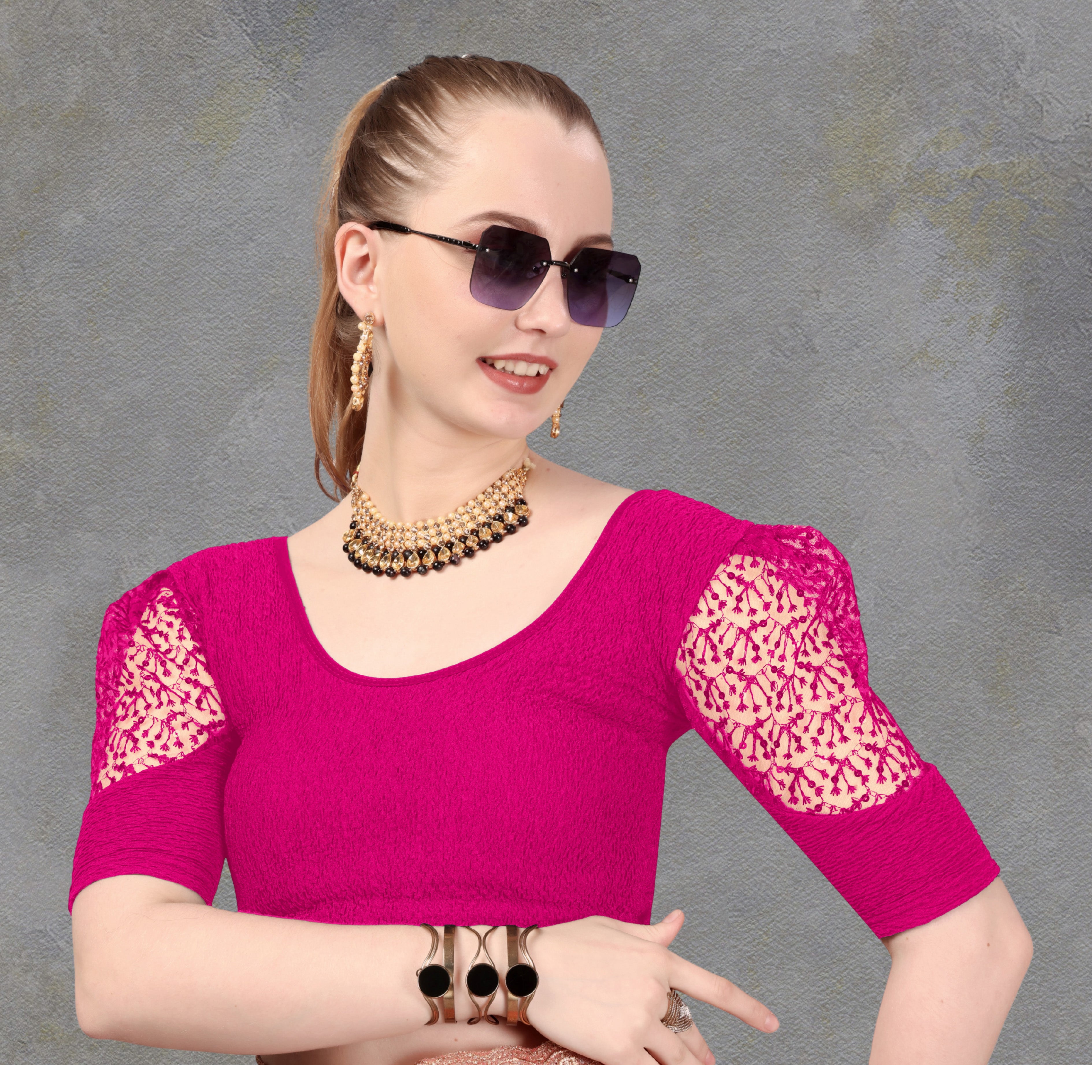 Latest Net Sleeve Pattern Stretchable Lycra Blouse, Tassels on Back for Women, Stylist Blouse For Women, Net Blouse Sleeve Pattern