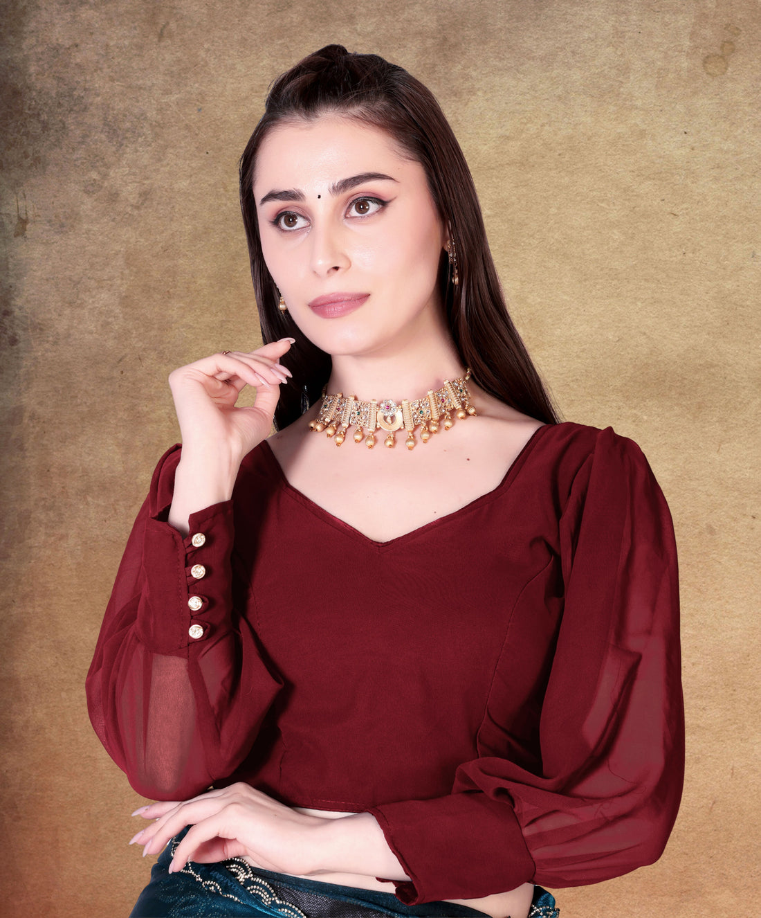 Readymade Alterable Georgette with Button Blouse, Bollywood Blouse for Wedding Party for Women, Full Sleeve stylist blouse for women,