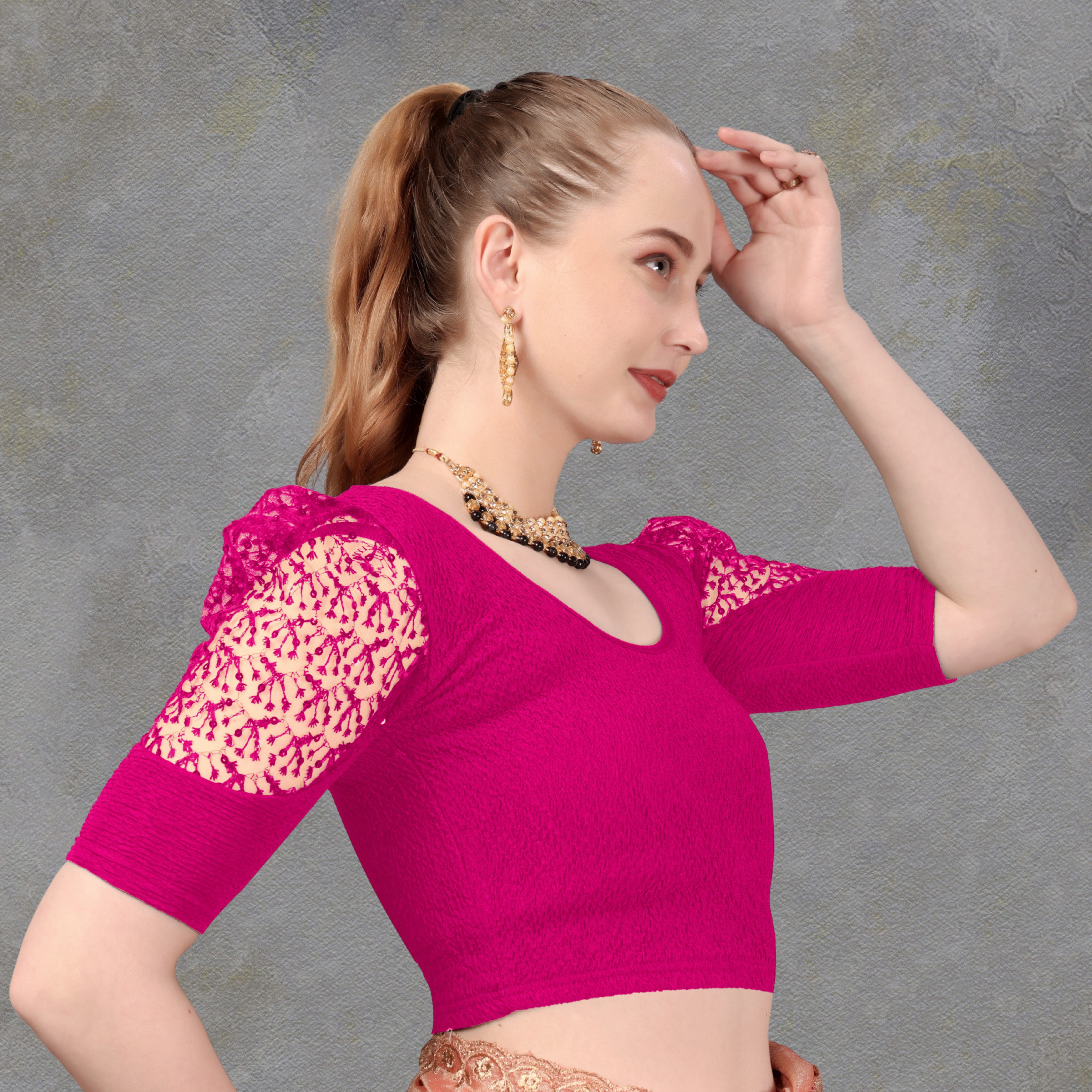 Latest Net Sleeve Pattern Stretchable Lycra Blouse, Tassels on Back for Women, Stylist Blouse For Women, Net Blouse Sleeve Pattern
