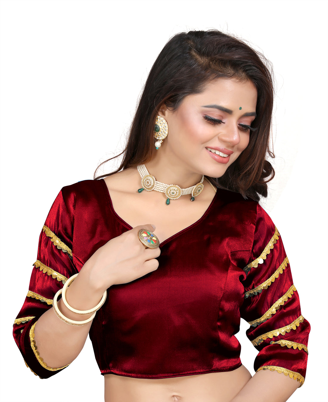 •  Trendy Zimmy Choo Fabric Blouse for Women with Sequence Lace Sleeves and Designer Finish, Perfect for Party Wear, Wedding Wear and Festive Styling
