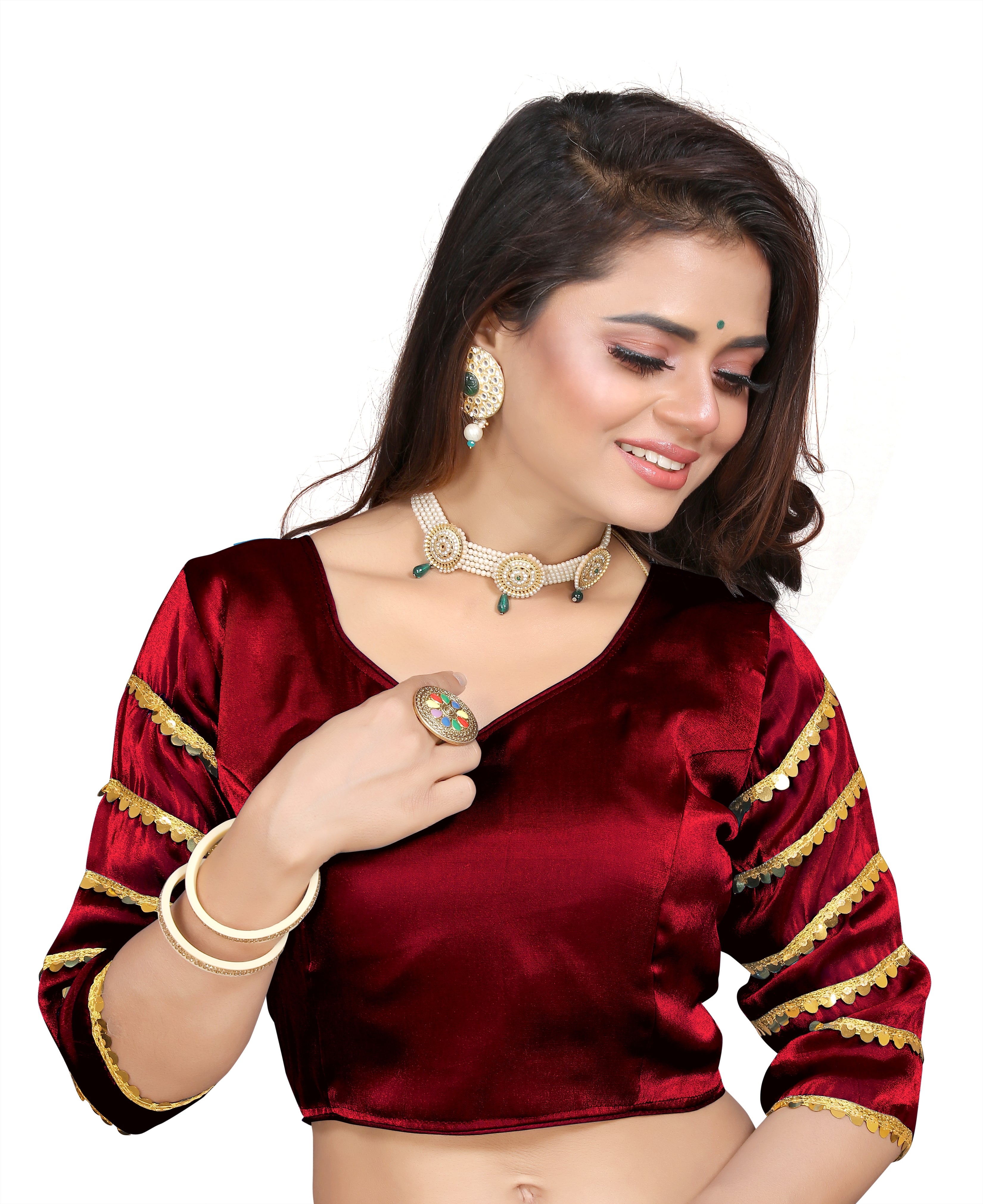•  Trendy Zimmy Choo Fabric Blouse for Women with Sequence Lace Sleeves and Designer Finish, Perfect for Party Wear, Wedding Wear and Festive Styling