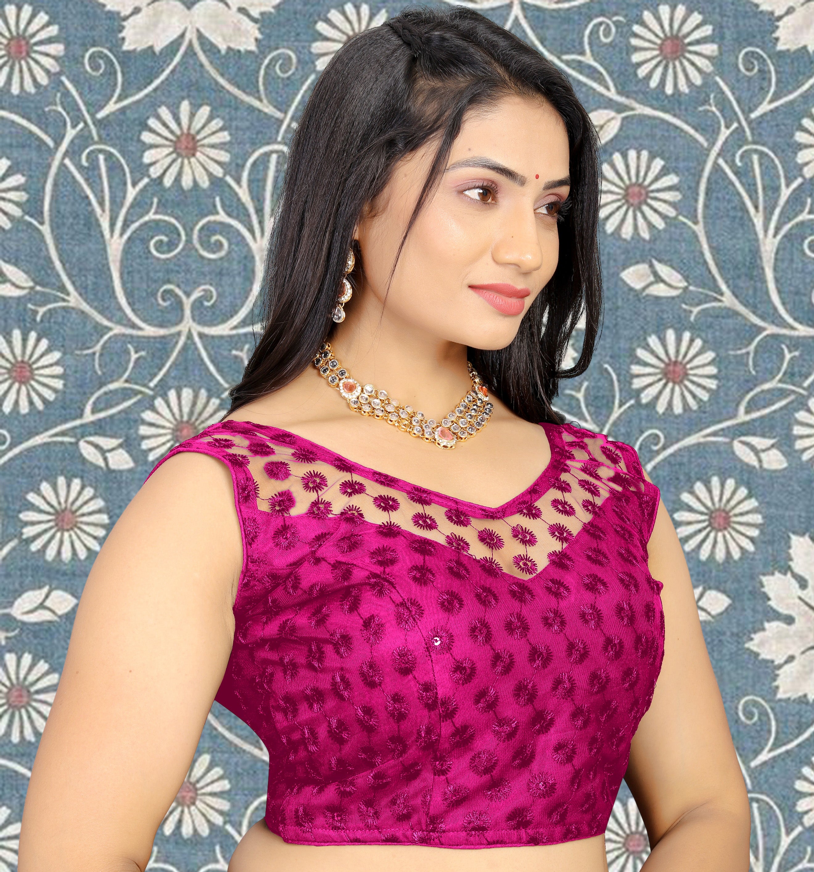 Full Stitched Sleeveless Net Blouse with Embroidery and Stylist Work Ready Made Net Blouse for Women