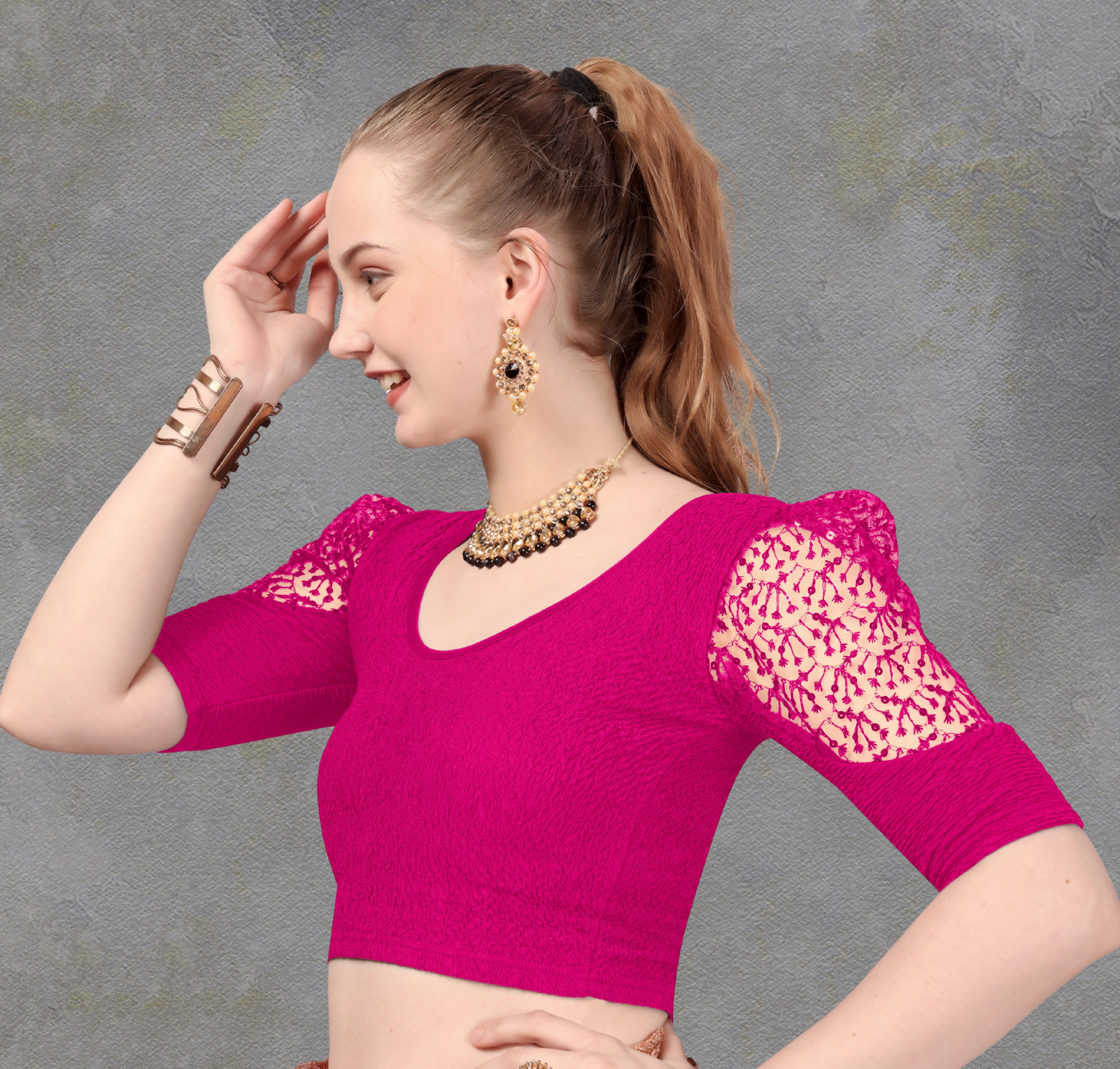 Latest Net Sleeve Pattern Stretchable Lycra Blouse, Tassels on Back for Women, Stylist Blouse For Women, Net Blouse Sleeve Pattern