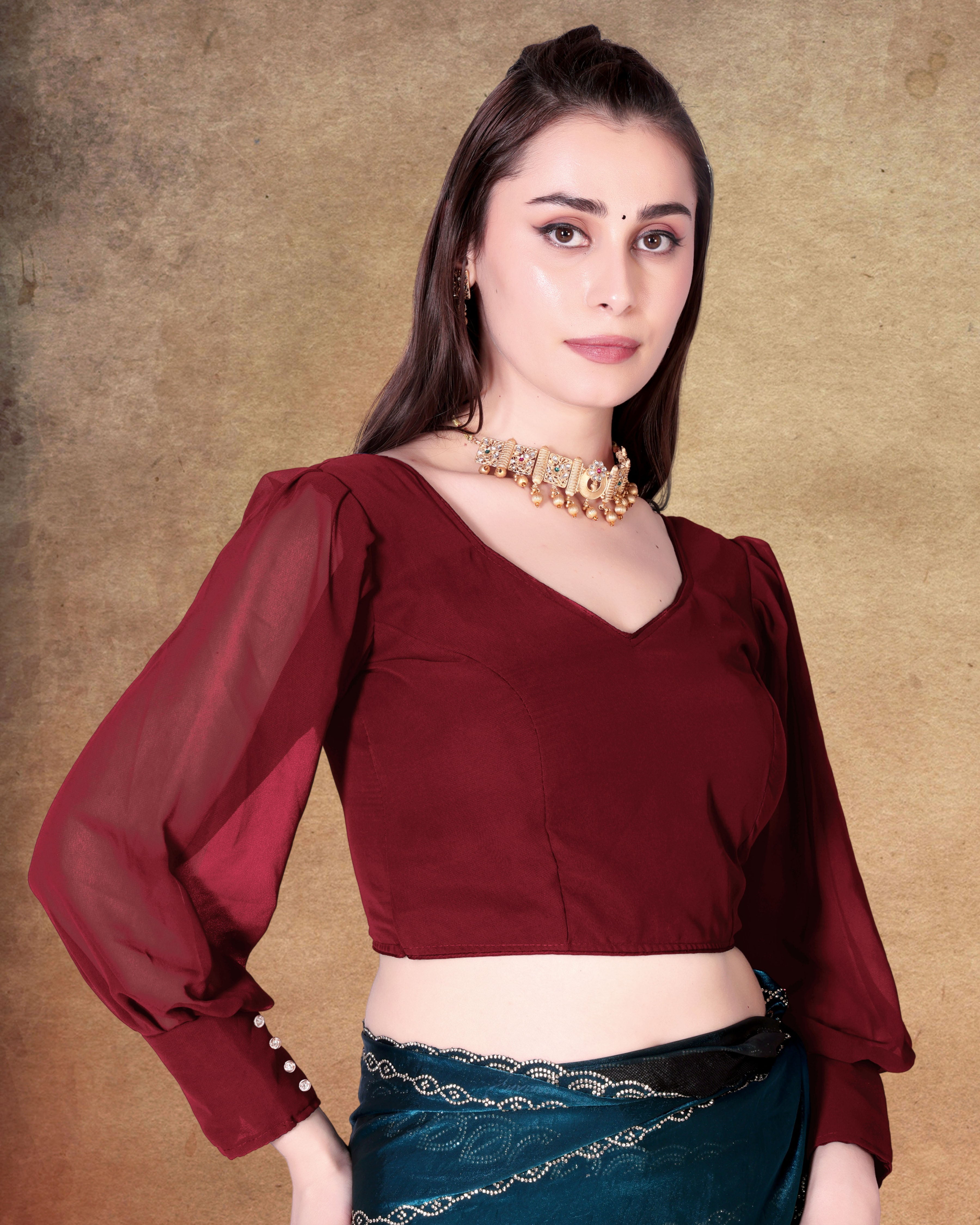 Readymade Alterable Georgette with Button Blouse, Bollywood Blouse for Wedding Party for Women, Full Sleeve stylist blouse for women,