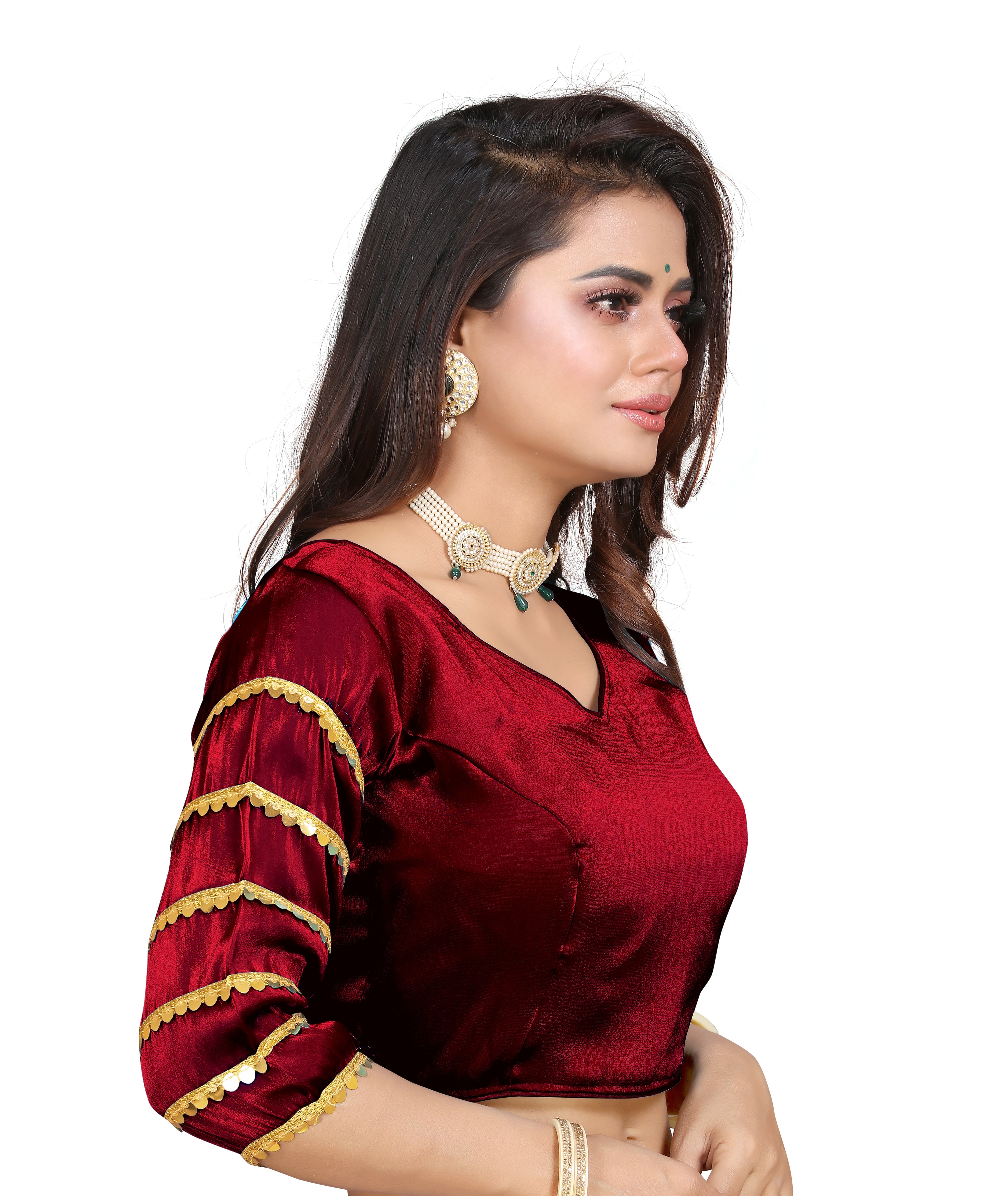 •  Trendy Zimmy Choo Fabric Blouse for Women with Sequence Lace Sleeves and Designer Finish, Perfect for Party Wear, Wedding Wear and Festive Styling