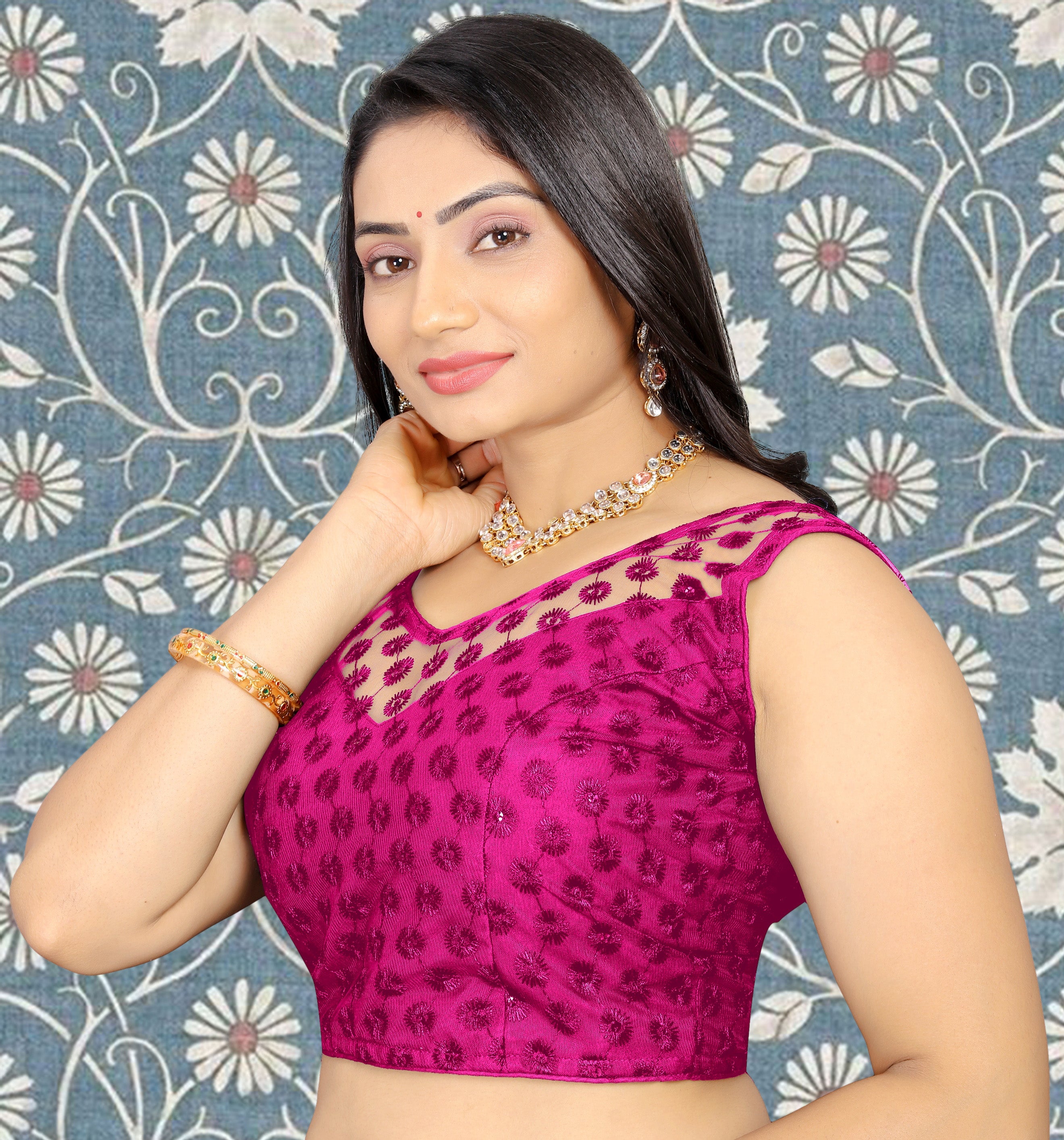 Full Stitched Sleeveless Net Blouse with Embroidery and Stylist Work Ready Made Net Blouse for Women