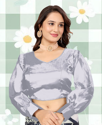 Zimmihoo Organza Party Wear Full Sleeve Blouse, V Neck Trending Saree Readymade Long Balloon Puff Sleeve Saree Blouse, Beautiful Blouse For Women.