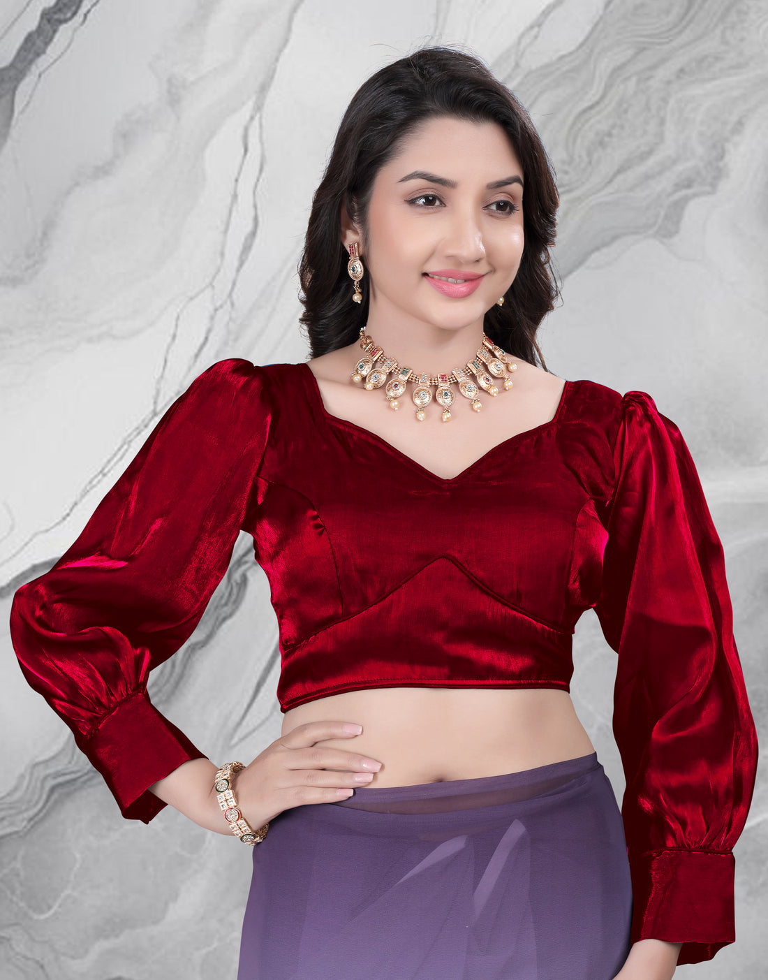 Full sleeve stylist blouse, party wear blouse for women, full stitched blouse,Trendy Zimii choo Organza Silk Ruffle Balloon Puff Sleeve V Neck Party wear Blouse, Soft Organza Fabric Balloon Type Sleeve Blouse.
