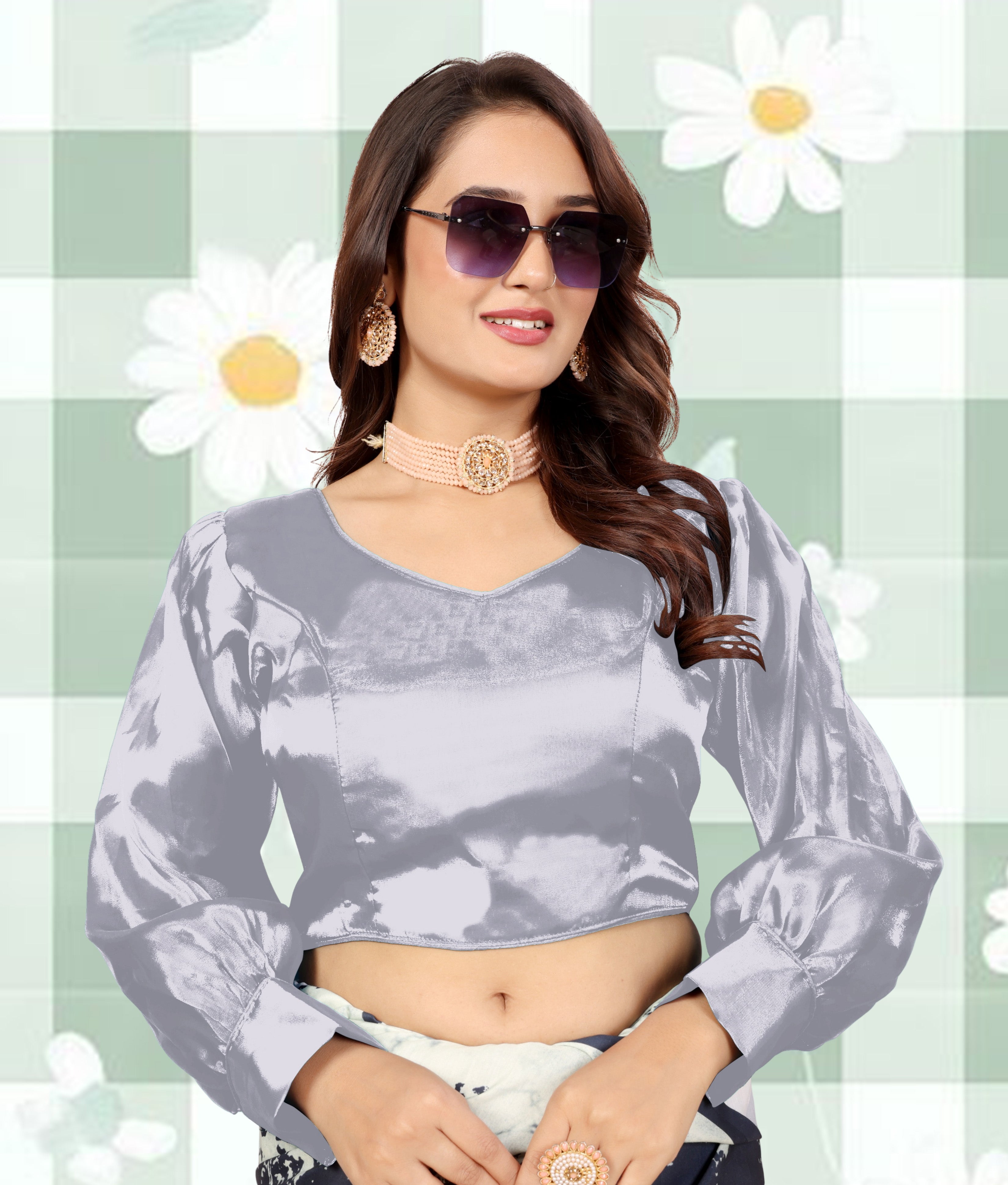 Zimmihoo Organza Party Wear Full Sleeve Blouse, V Neck Trending Saree Readymade Long Balloon Puff Sleeve Saree Blouse, Beautiful Blouse For Women.