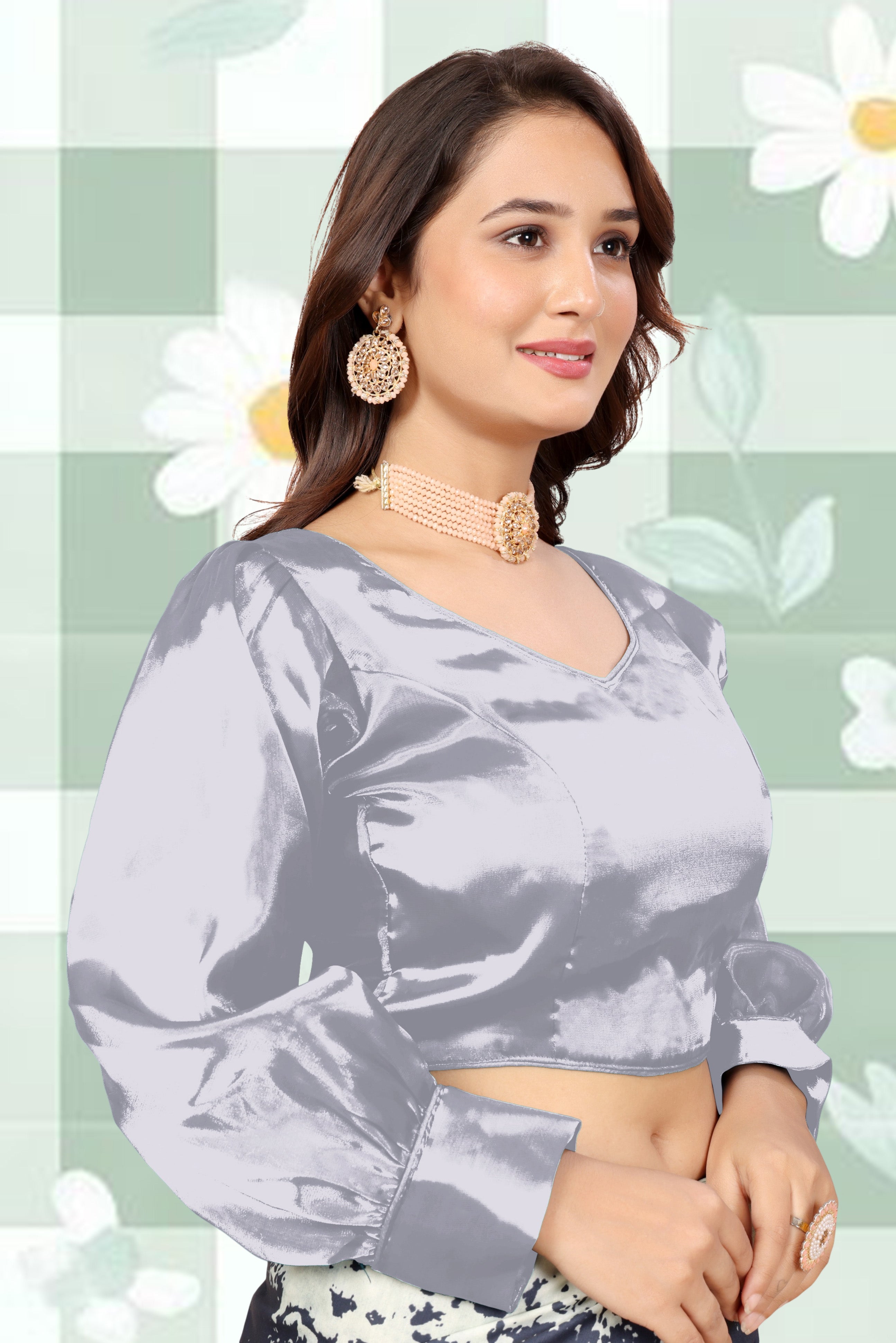Zimmihoo Organza Party Wear Full Sleeve Blouse, V Neck Trending Saree Readymade Long Balloon Puff Sleeve Saree Blouse, Beautiful Blouse For Women.