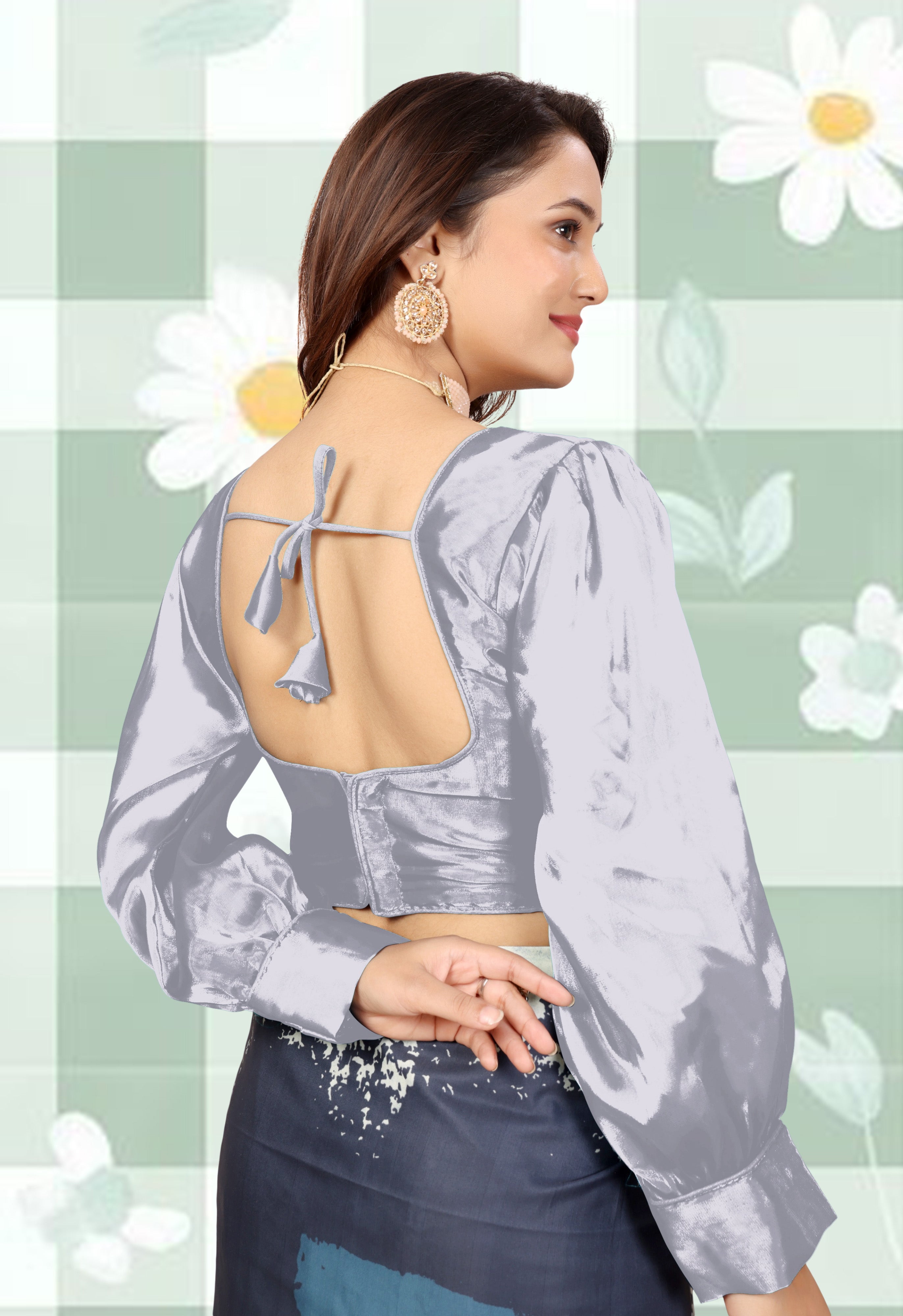 Zimmihoo Organza Party Wear Full Sleeve Blouse, V Neck Trending Saree Readymade Long Balloon Puff Sleeve Saree Blouse, Beautiful Blouse For Women.