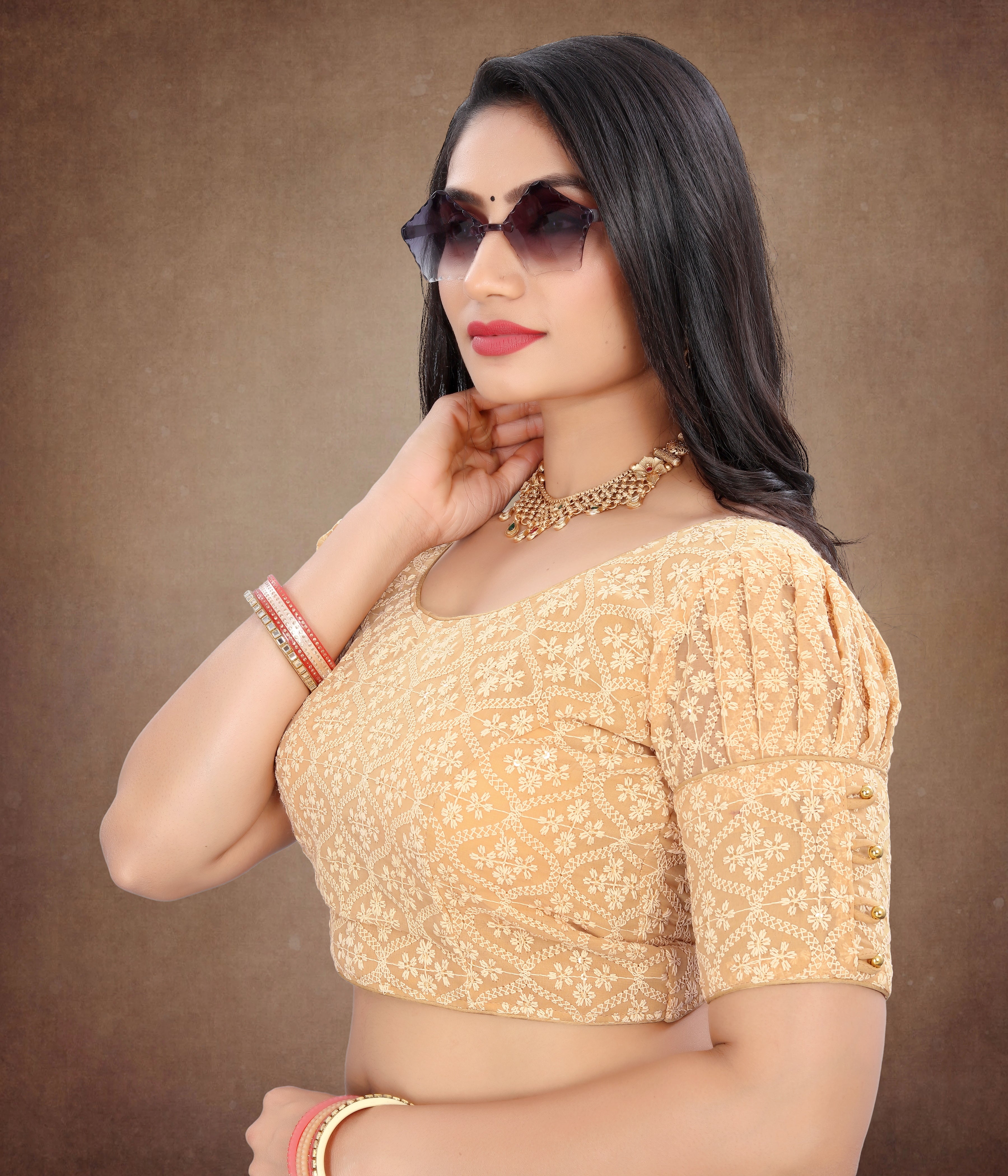 Readymade Georgette Shiffly Georgette Blouse with Small Sequence Work, Back Hook Open, Stylist Wedding Wear, Fancy  Sleeve Latest Design