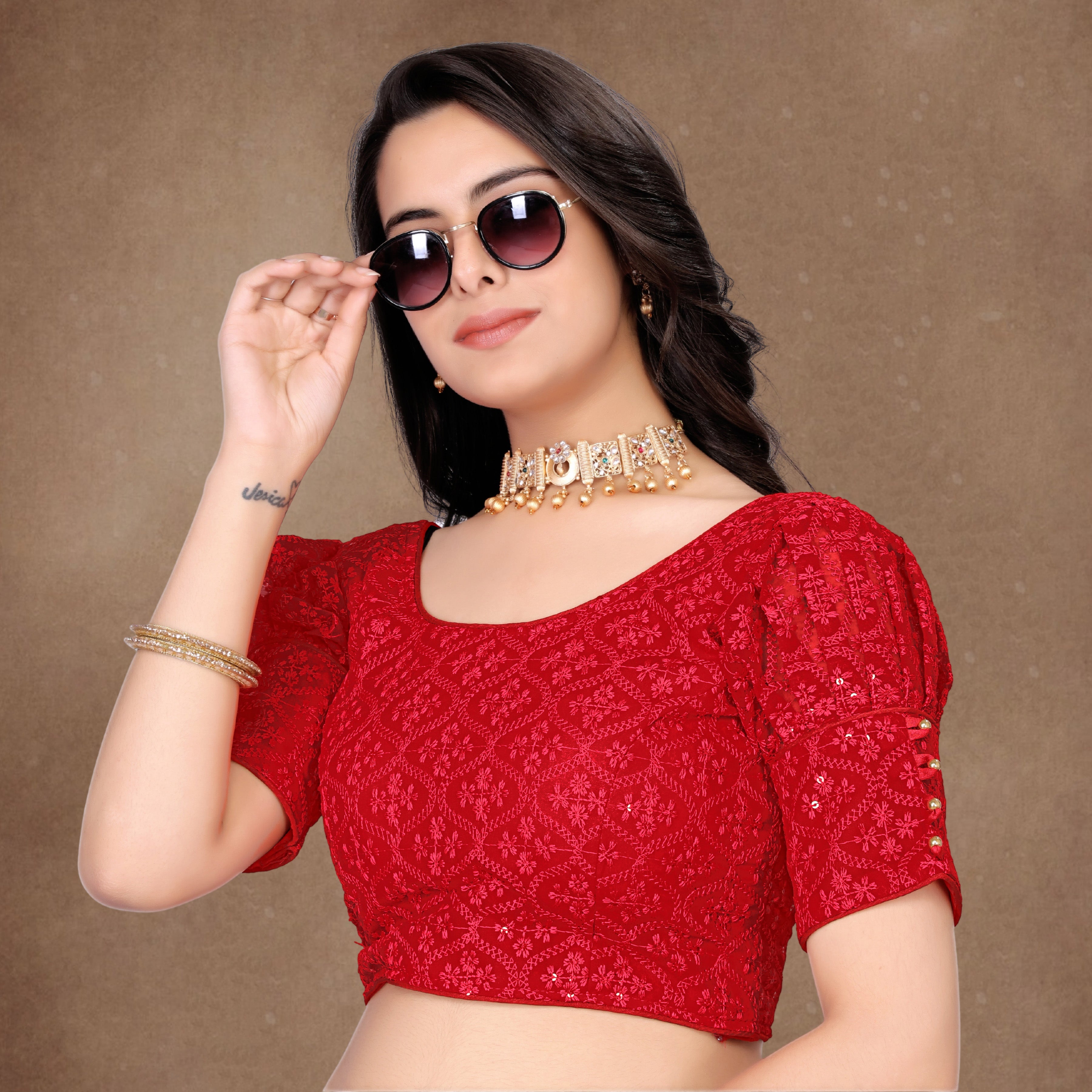 Stylist Readymade Alterable Georgette Sequenc Sifli Blouse, Embroidery Work Bollywood Blouse For Wedding Party For Women, Stylist blouse, Puff Sleeve Blouse