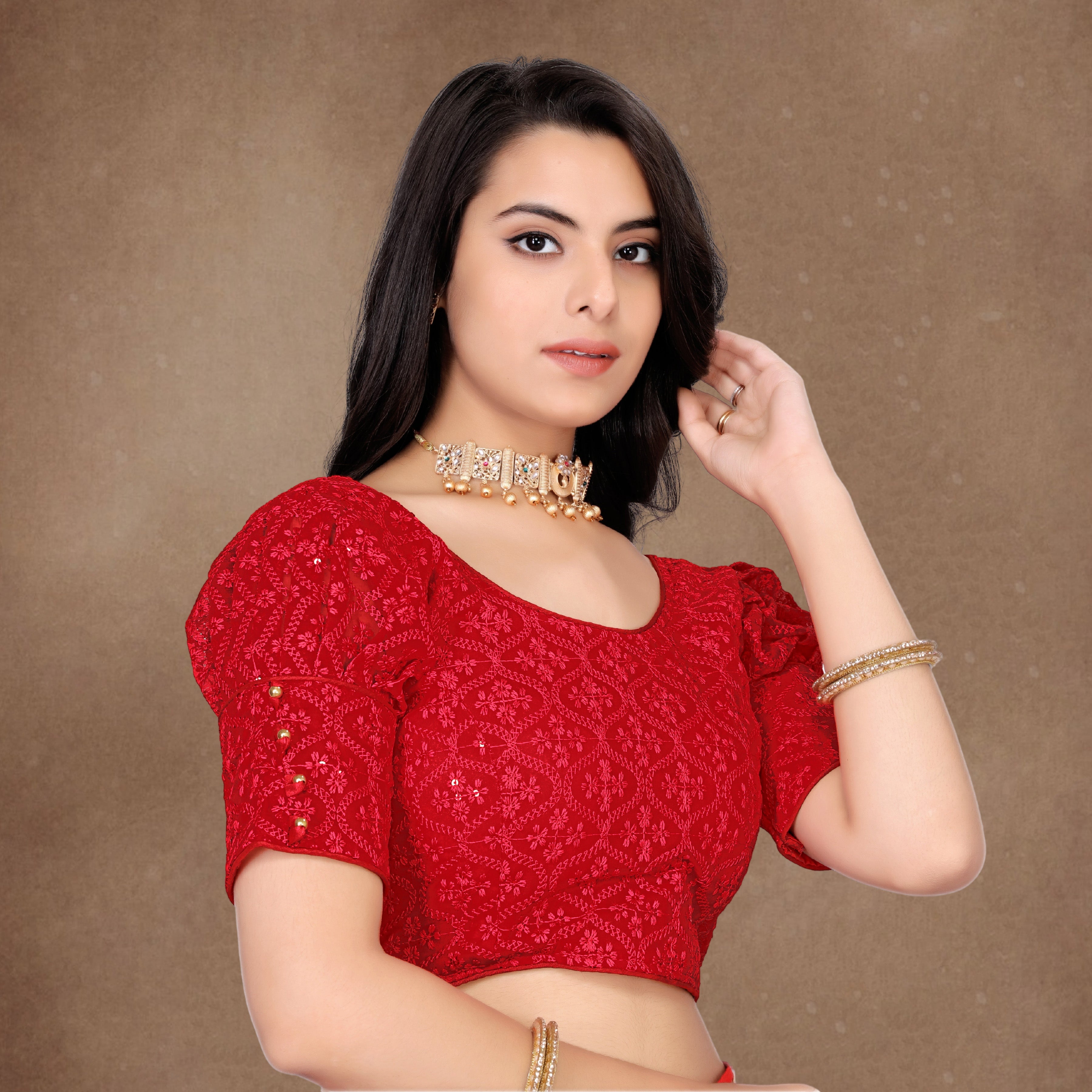 Stylist Readymade Alterable Georgette Sequenc Sifli Blouse, Embroidery Work Bollywood Blouse For Wedding Party For Women, Stylist blouse, Puff Sleeve Blouse