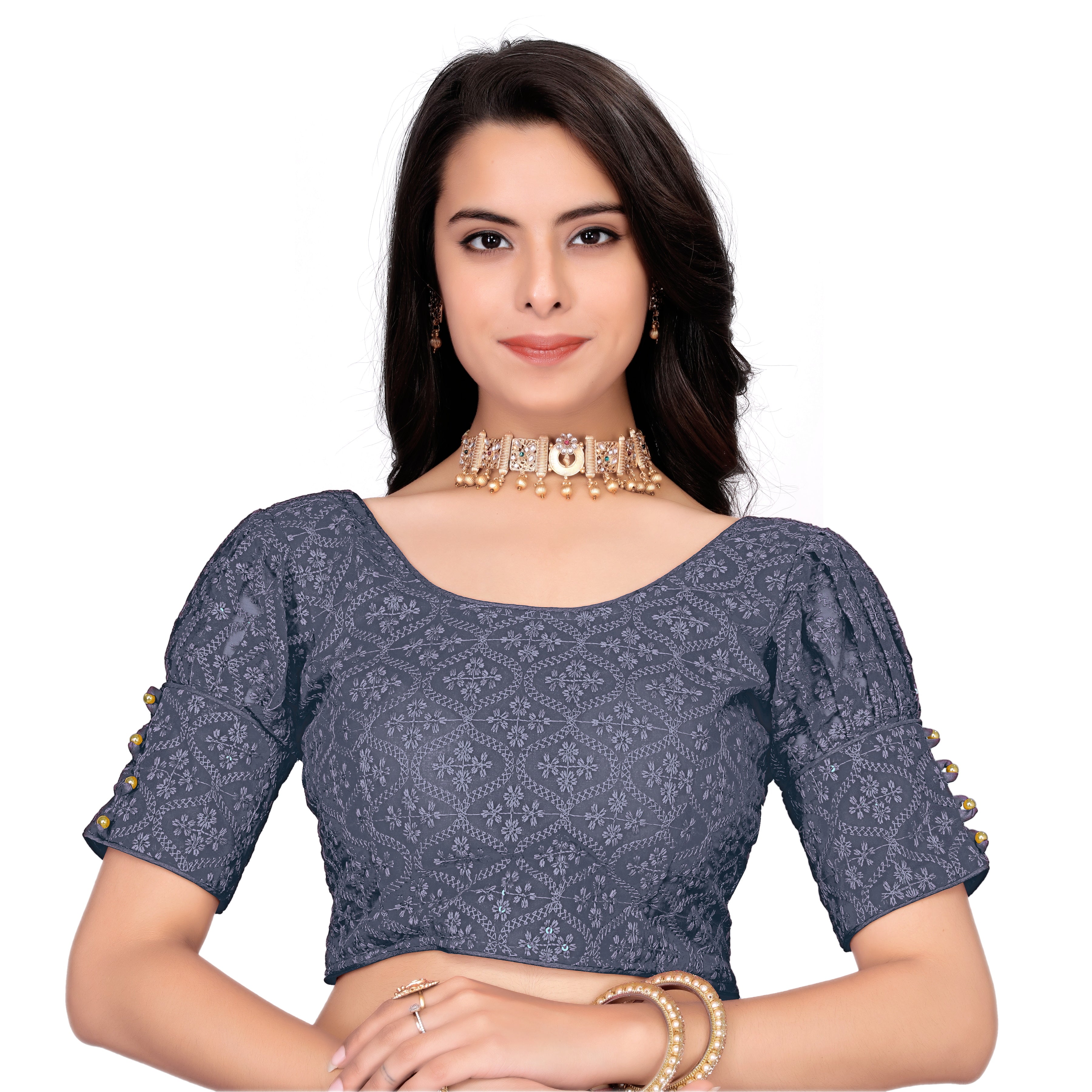 Half Sleeve Embroidery Women blouse, Georgette readymade blouse for girls, stylist Blousese for beautiful lady, Fancy lace on sleeve blouse, new model Embroidery blouse