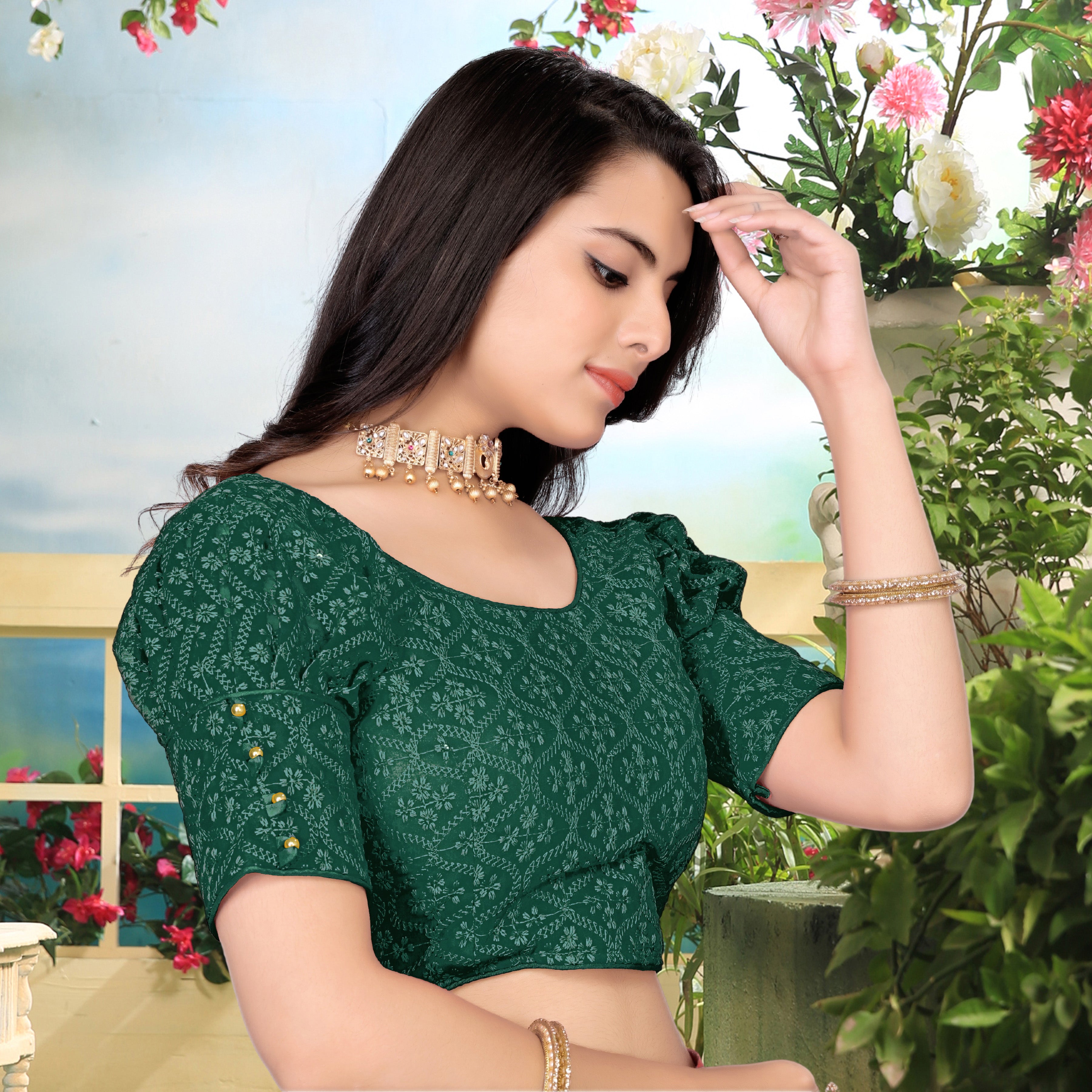 Readymade Georgette Shiffly Georgette Blouse with Small Sequence Work, Back Hook Open, Stylist Wedding Wear, Fancy  Sleeve Latest Design