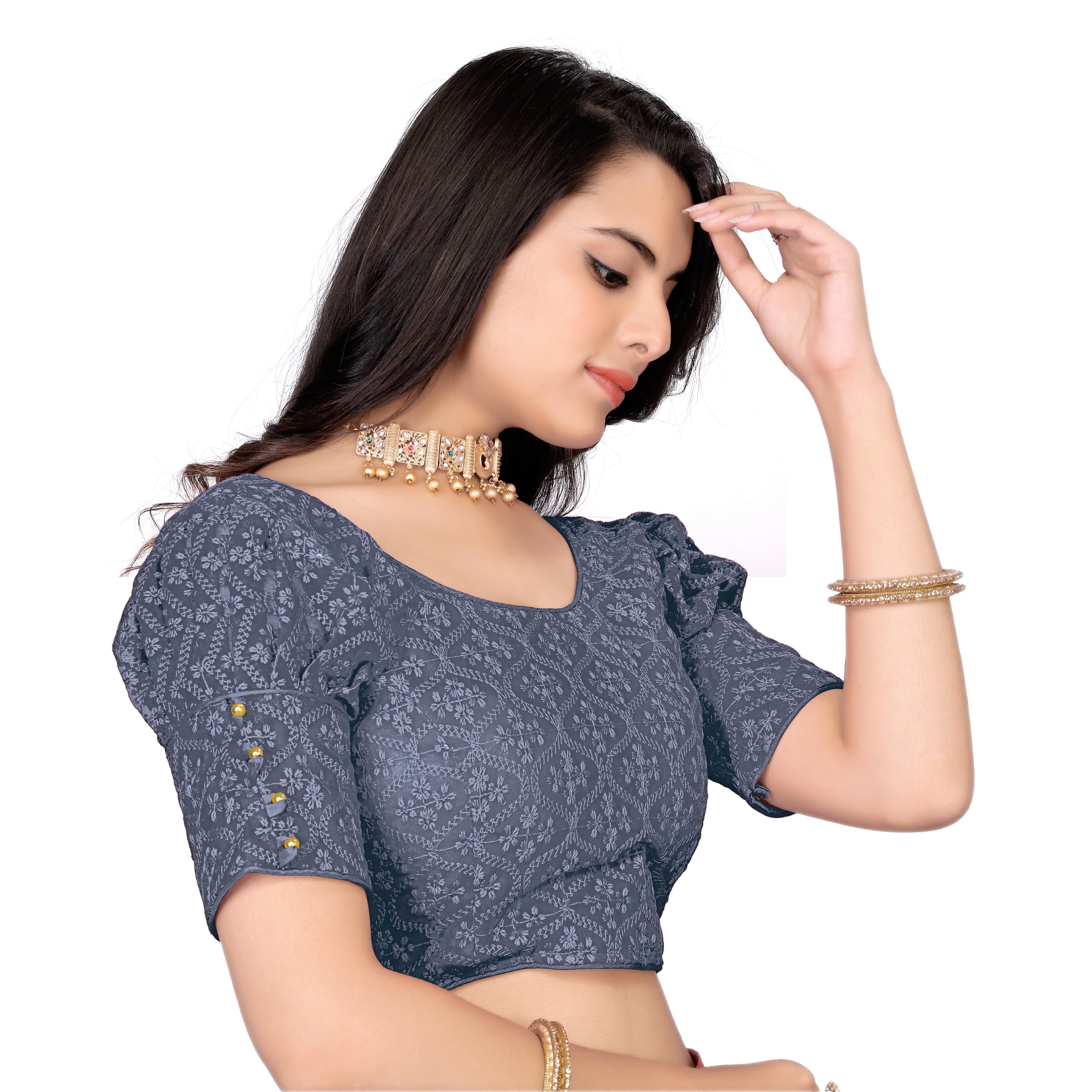 Half Sleeve Embroidery Women blouse, Georgette readymade blouse for girls, stylist Blousese for beautiful lady, Fancy lace on sleeve blouse, new model Embroidery blouse