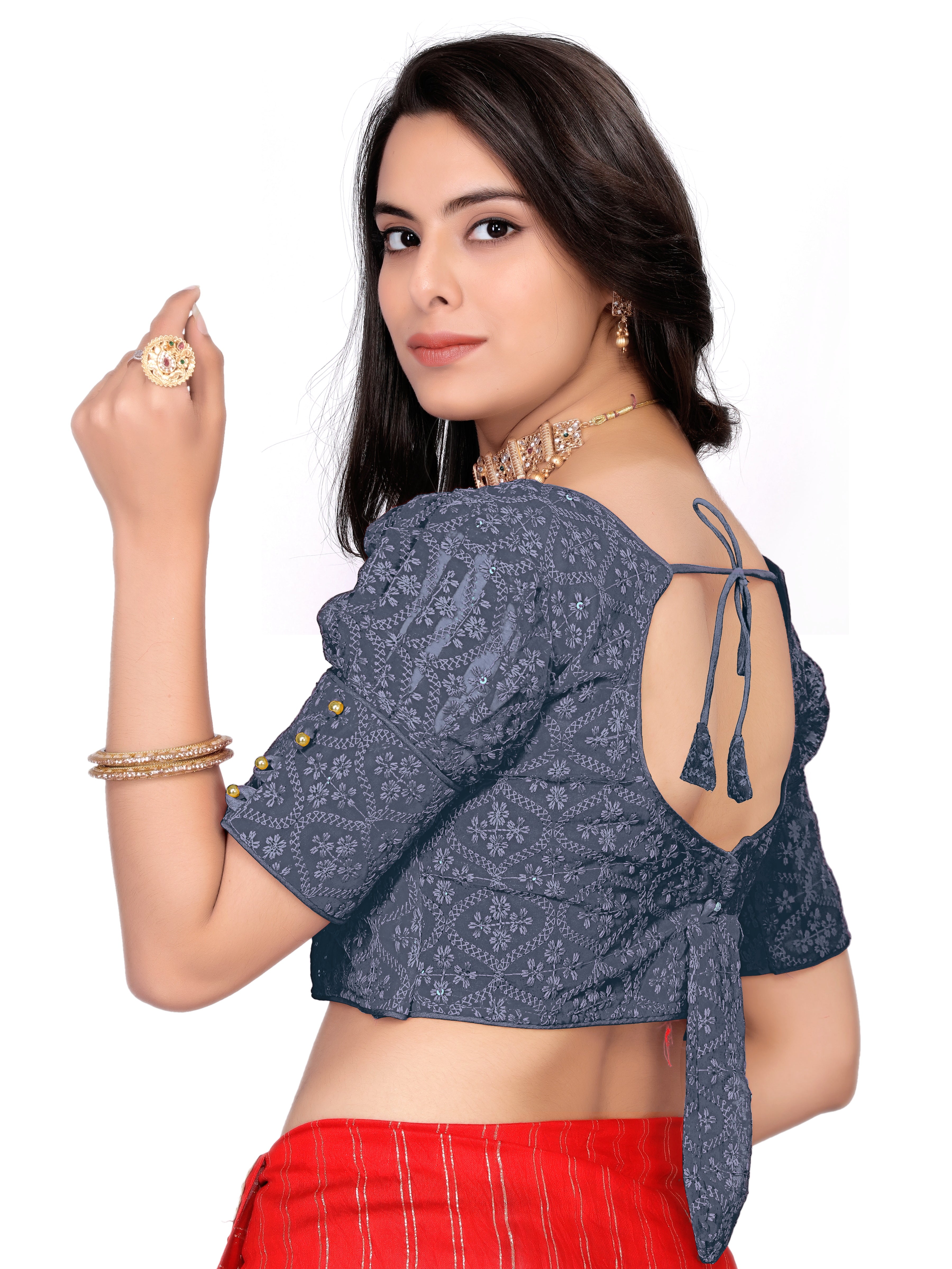 Half Sleeve Embroidery Women blouse, Georgette readymade blouse for girls, stylist Blousese for beautiful lady, Fancy lace on sleeve blouse, new model Embroidery blouse