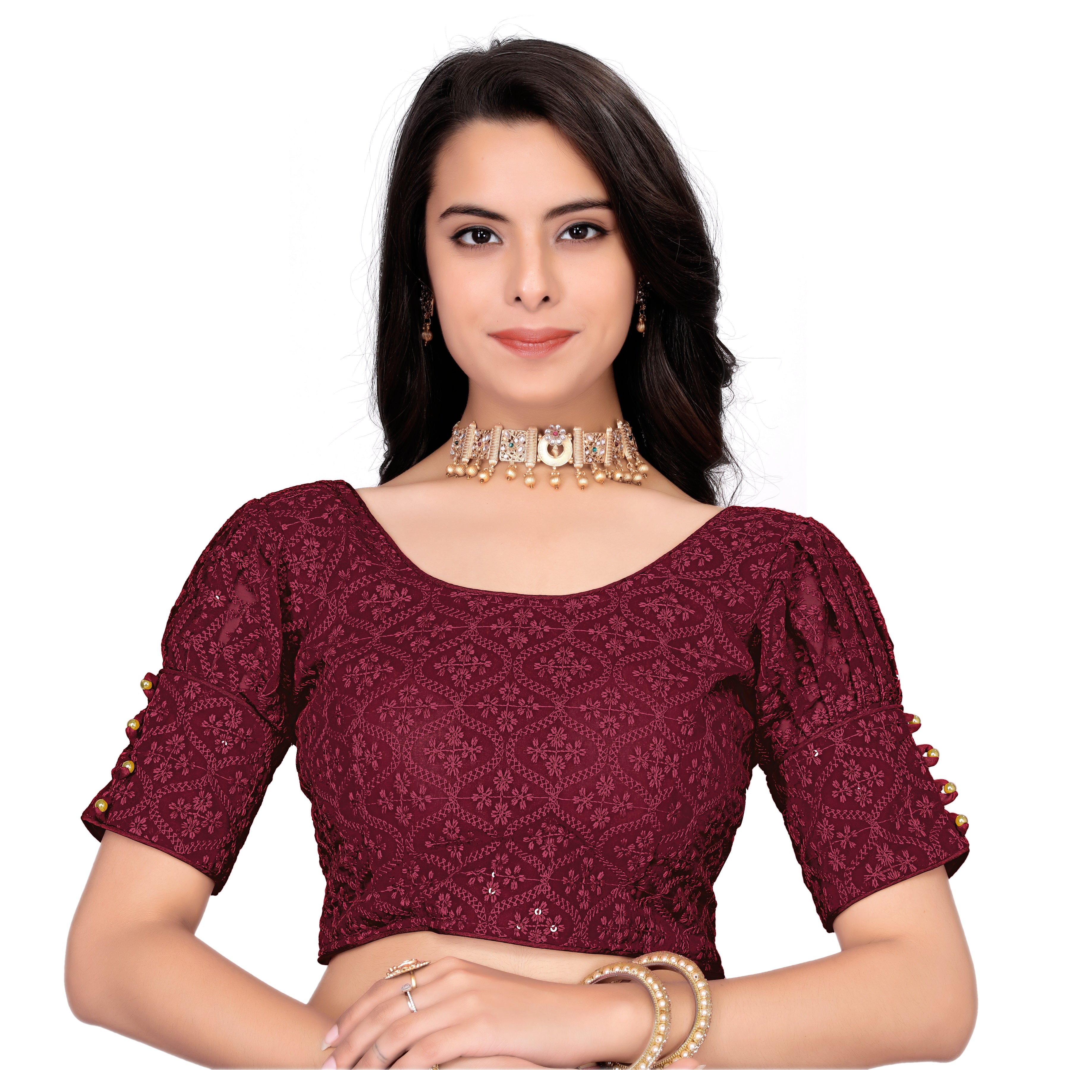 Full Stitched Georgette Blouse with Embroidery And Sequence Work Ready Made Georgette Blouse For Women, Stylist Fancy Sleeve Blouse