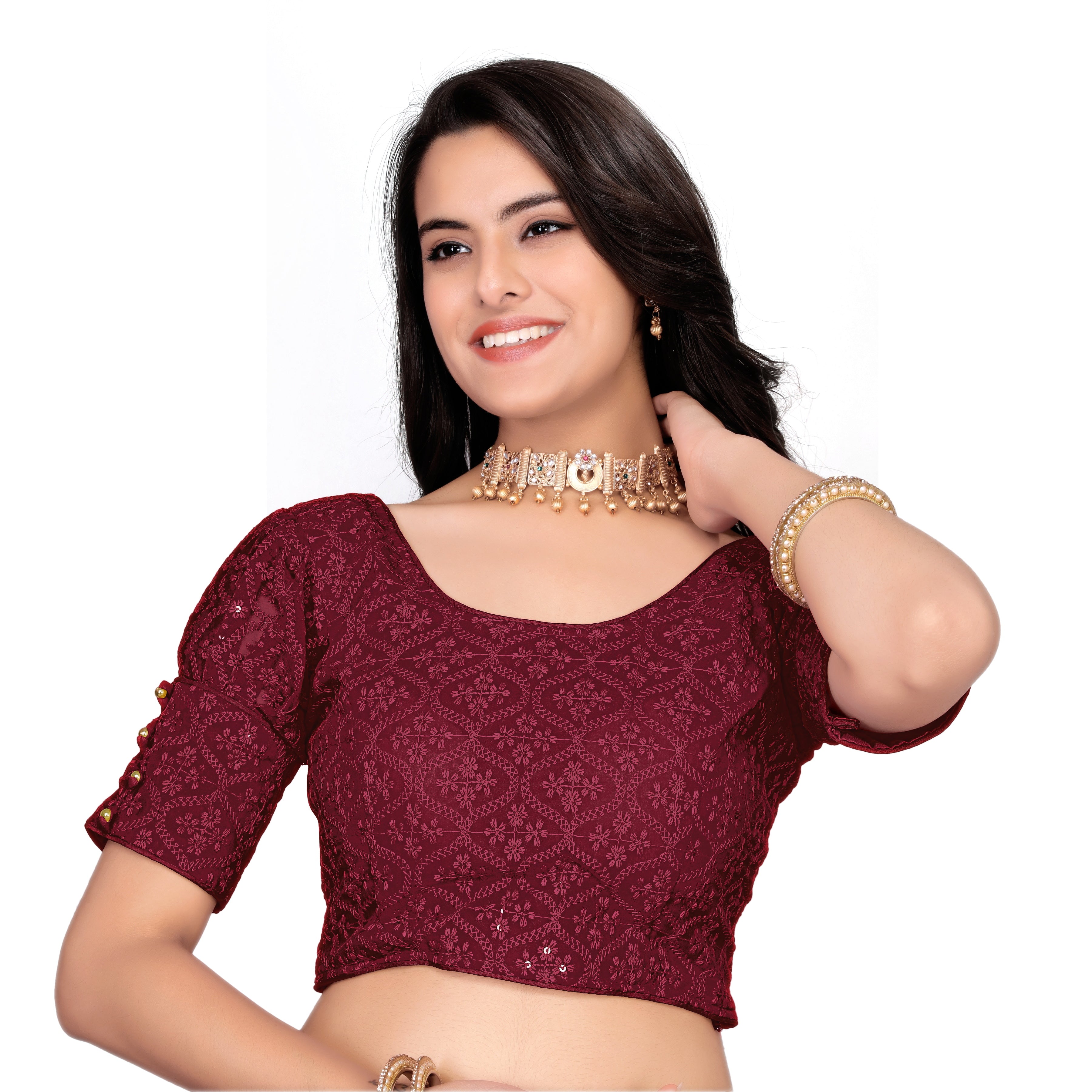 Full Stitched Georgette Blouse with Embroidery And Sequence Work Ready Made Georgette Blouse For Women, Stylist Fancy Sleeve Blouse