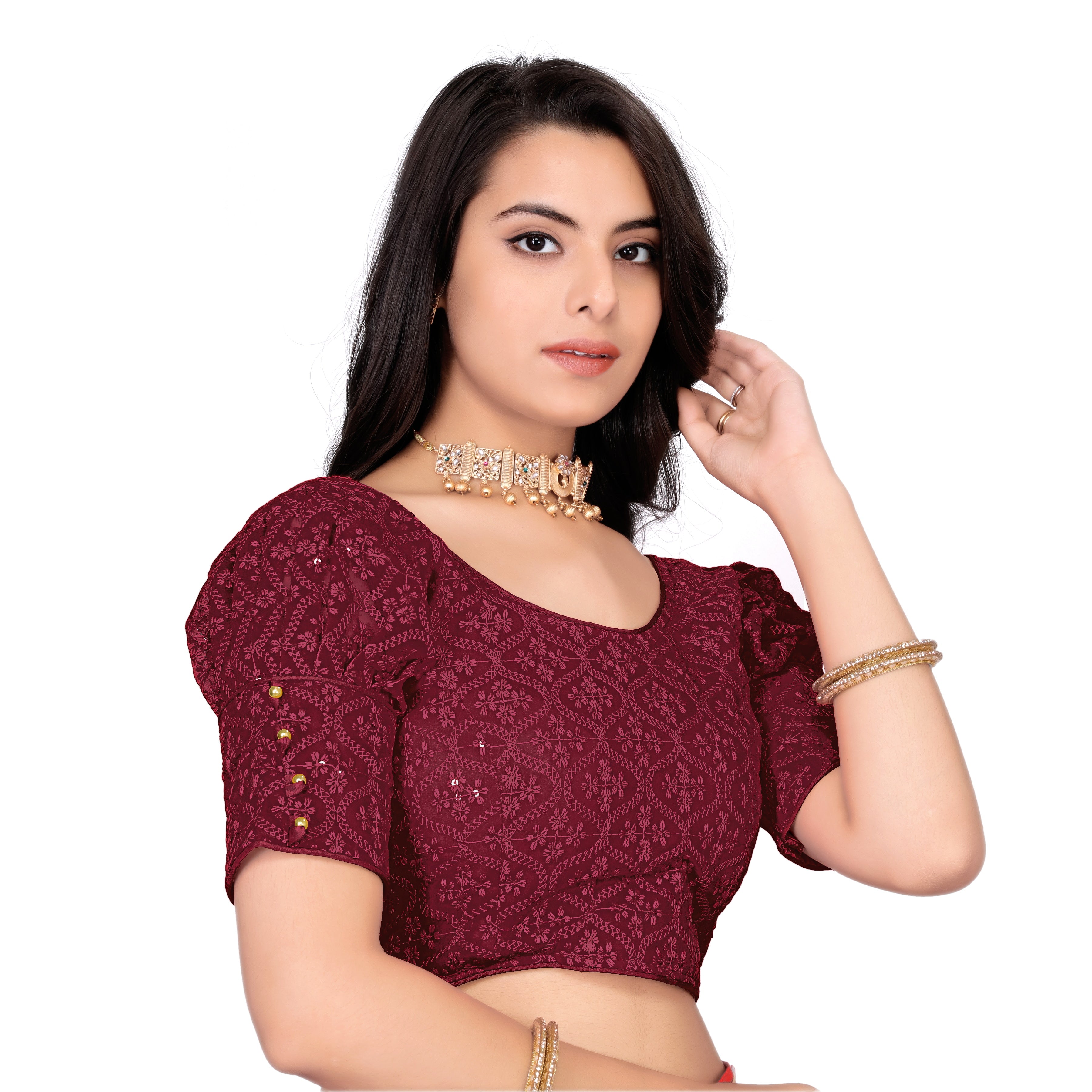 Full Stitched Georgette Blouse with Embroidery And Sequence Work Ready Made Georgette Blouse For Women, Stylist Fancy Sleeve Blouse