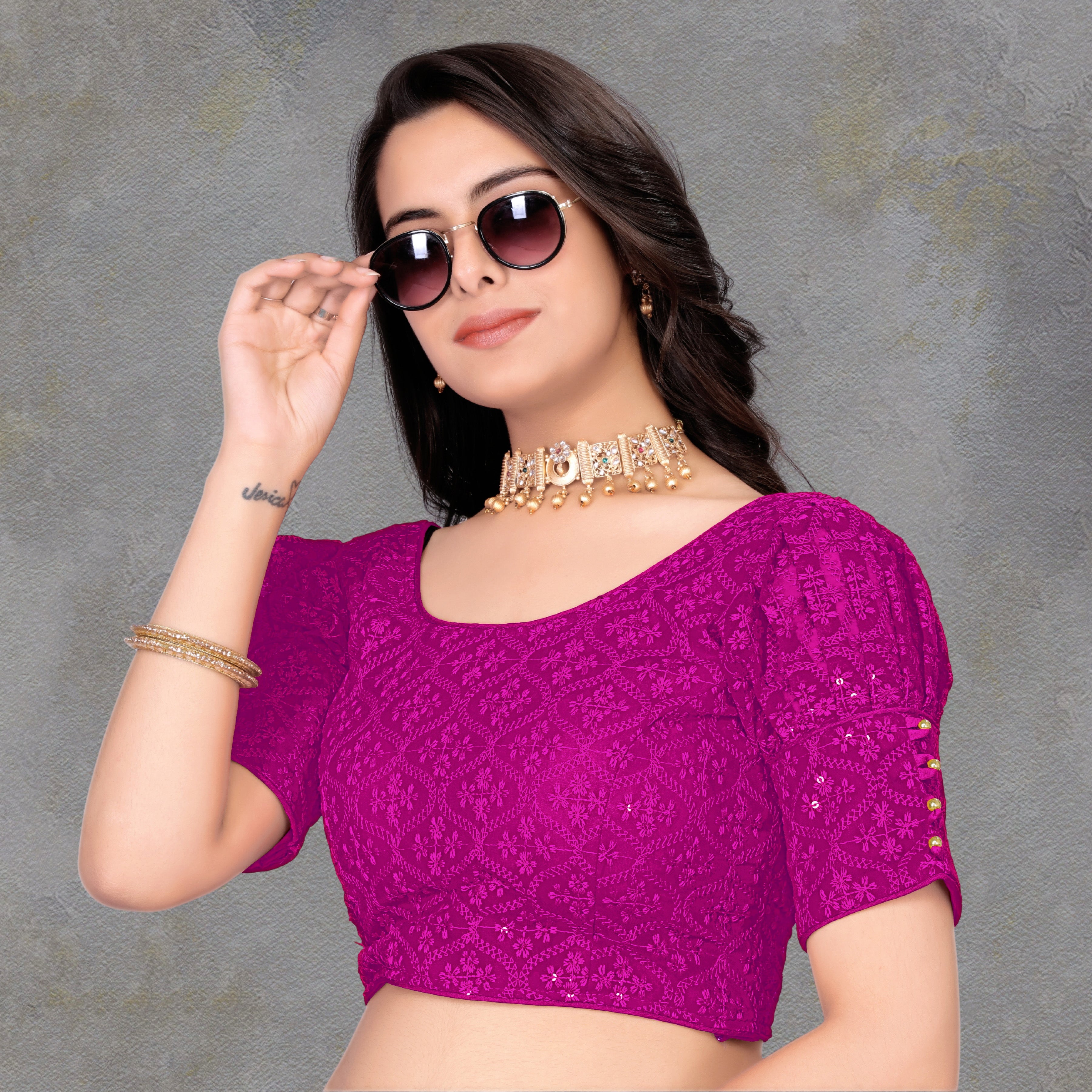 Half Sleeve Embroidery Women blouse, Georgette readymade blouse for girls, stylist Blousese for beautiful lady, Fancy lace on sleeve blouse, new model Embroidery blouse