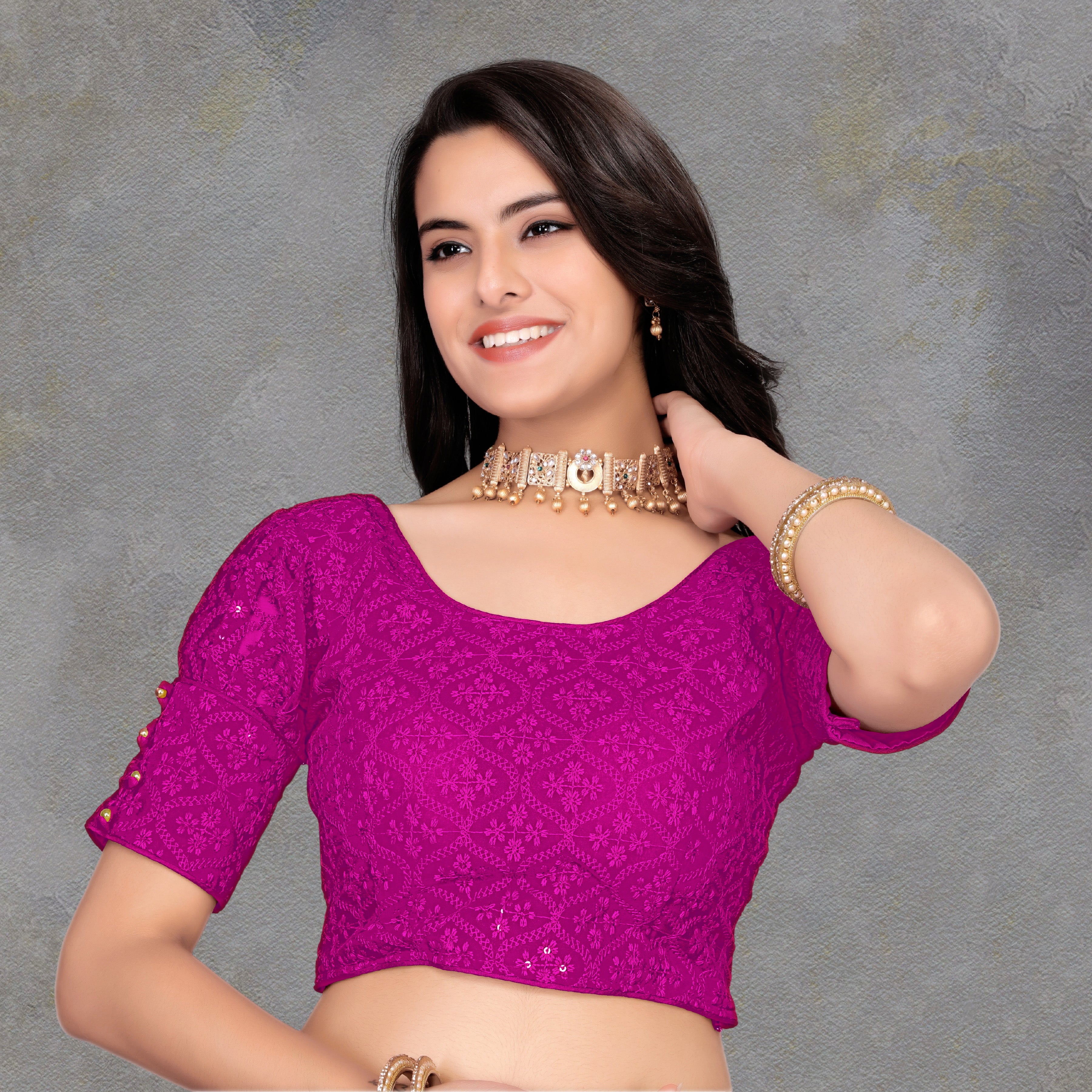 Half Sleeve Embroidery Women blouse, Georgette readymade blouse for girls, stylist Blousese for beautiful lady, Fancy lace on sleeve blouse, new model Embroidery blouse