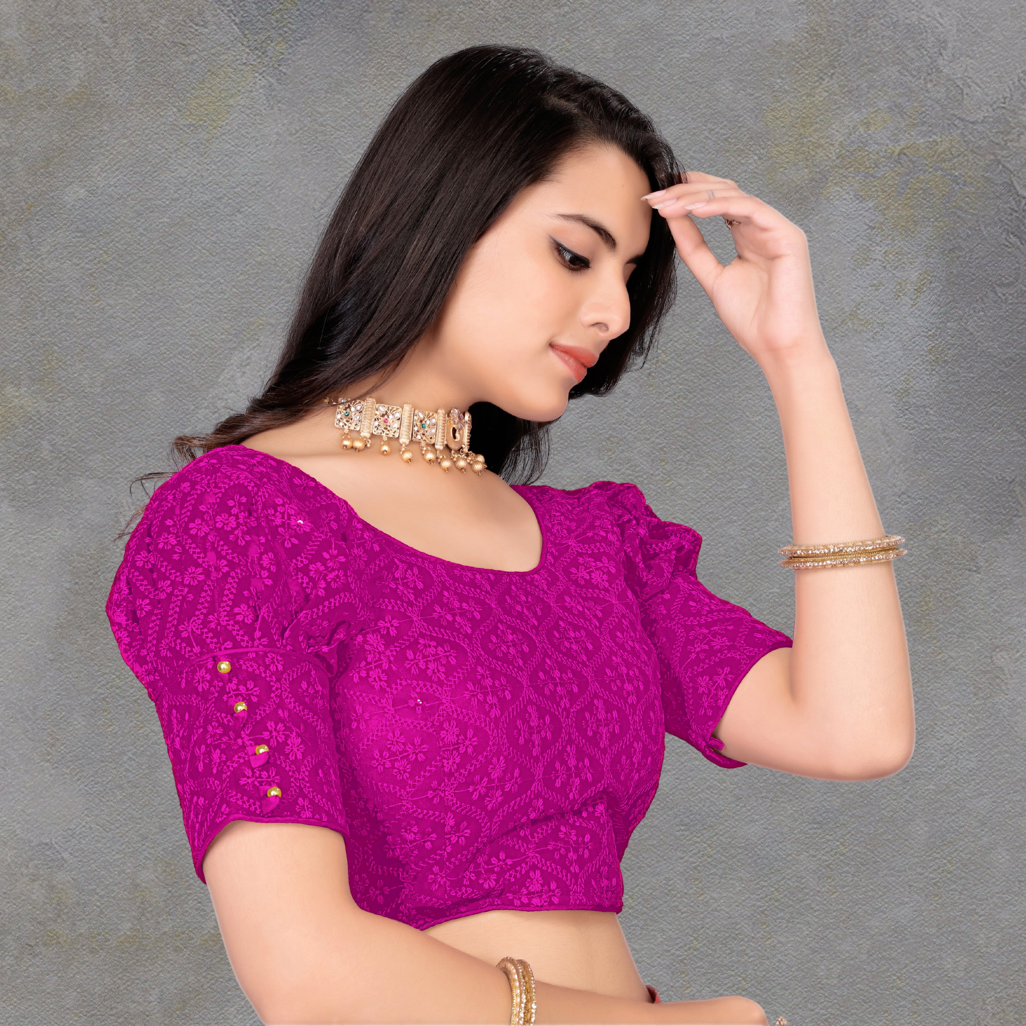 Half Sleeve Embroidery Women blouse, Georgette readymade blouse for girls, stylist Blousese for beautiful lady, Fancy lace on sleeve blouse, new model Embroidery blouse