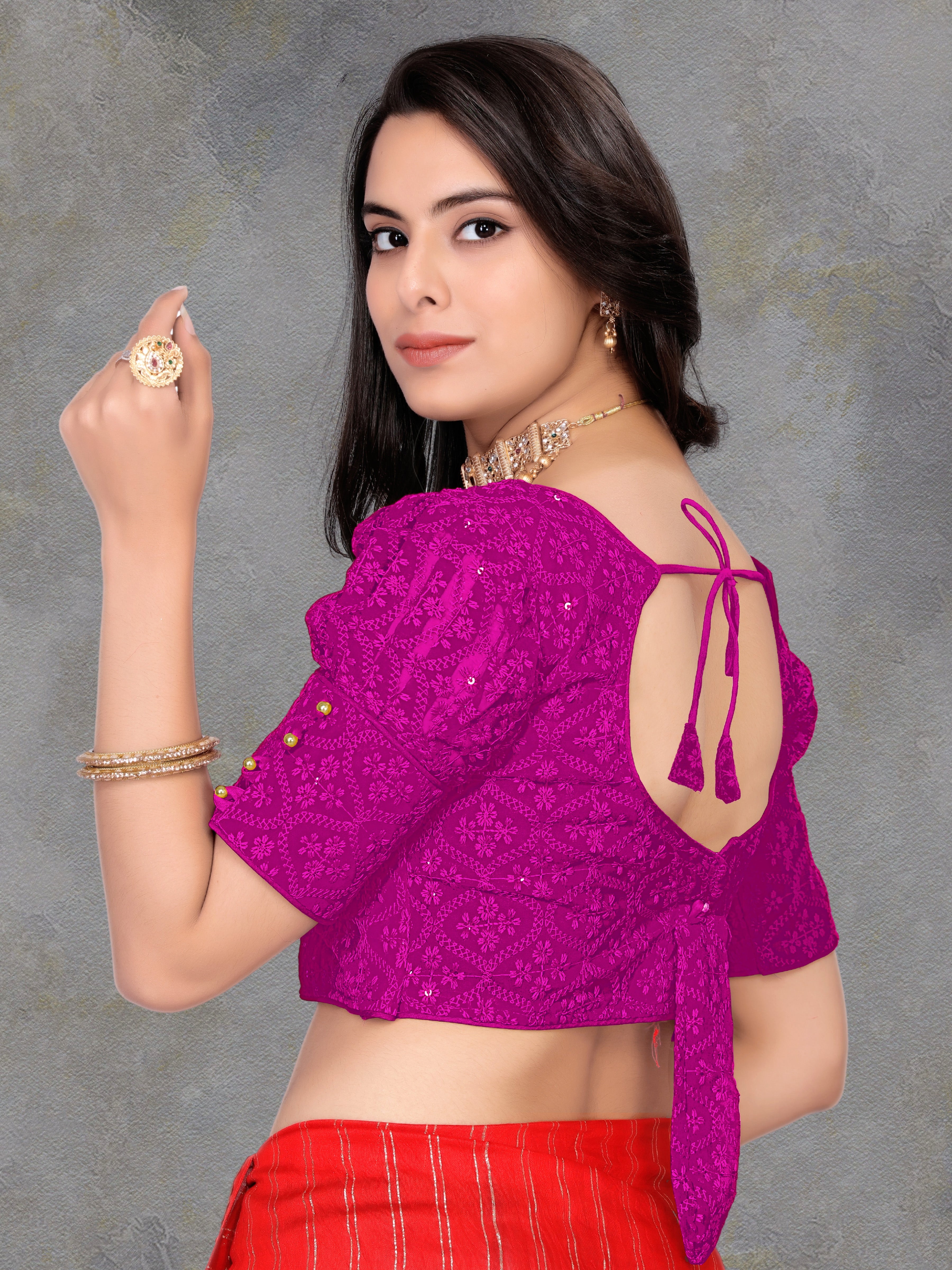 Half Sleeve Embroidery Women blouse, Georgette readymade blouse for girls, stylist Blousese for beautiful lady, Fancy lace on sleeve blouse, new model Embroidery blouse