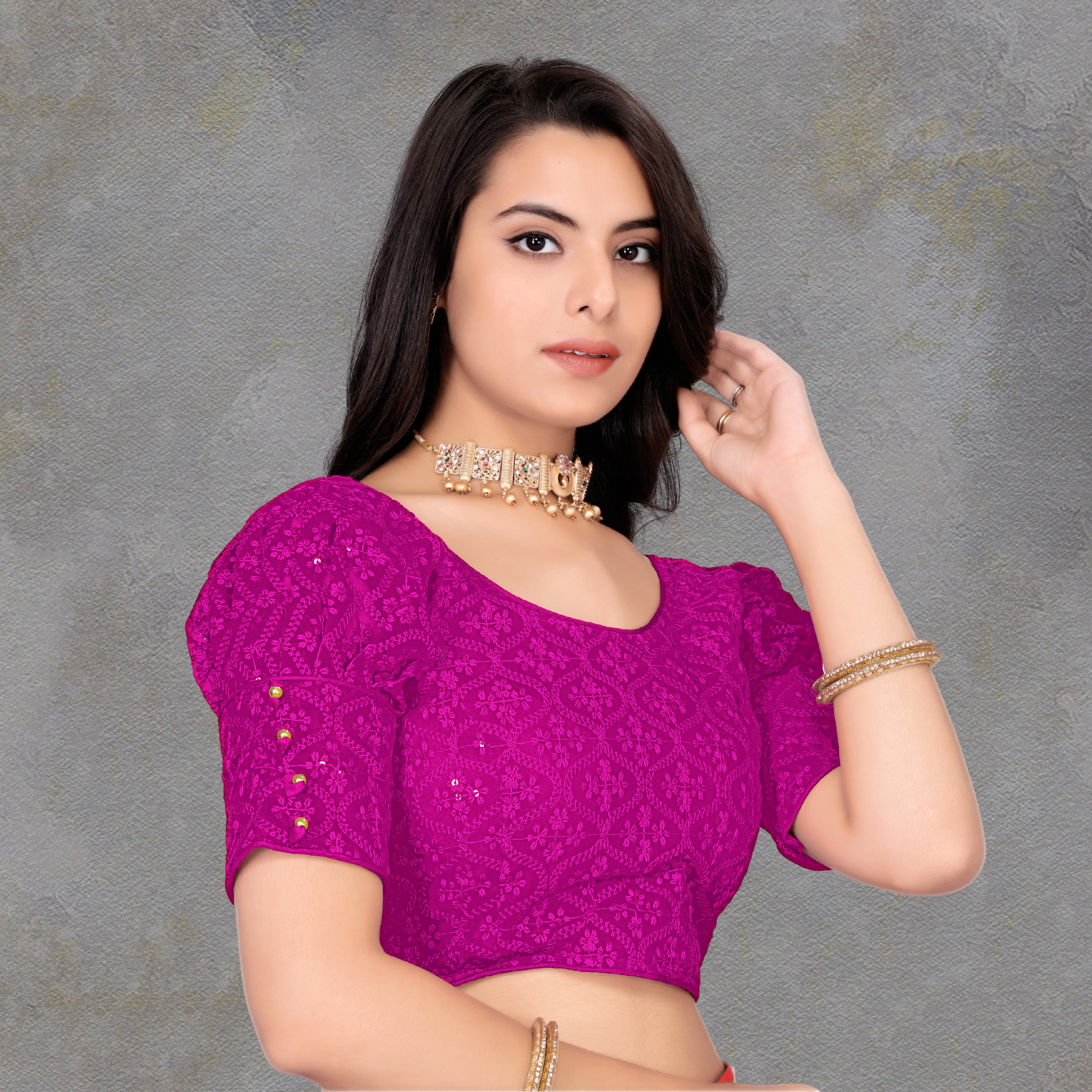Half Sleeve Embroidery Women blouse, Georgette readymade blouse for girls, stylist Blousese for beautiful lady, Fancy lace on sleeve blouse, new model Embroidery blouse